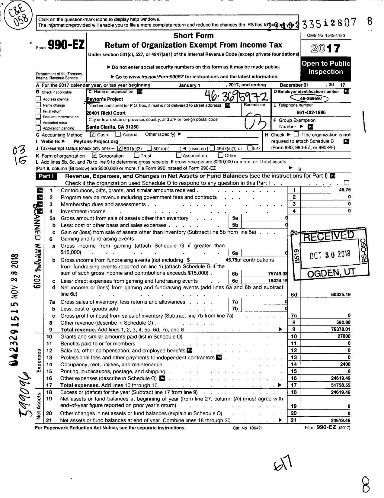 Image of first page of 2017 Form 990EZ for Peytons Project