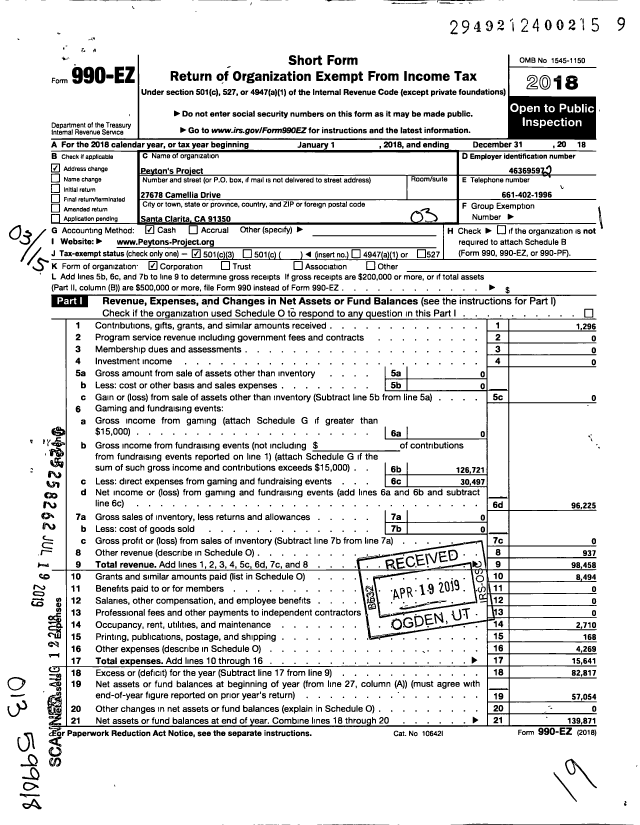 Image of first page of 2018 Form 990EZ for Peytons Project