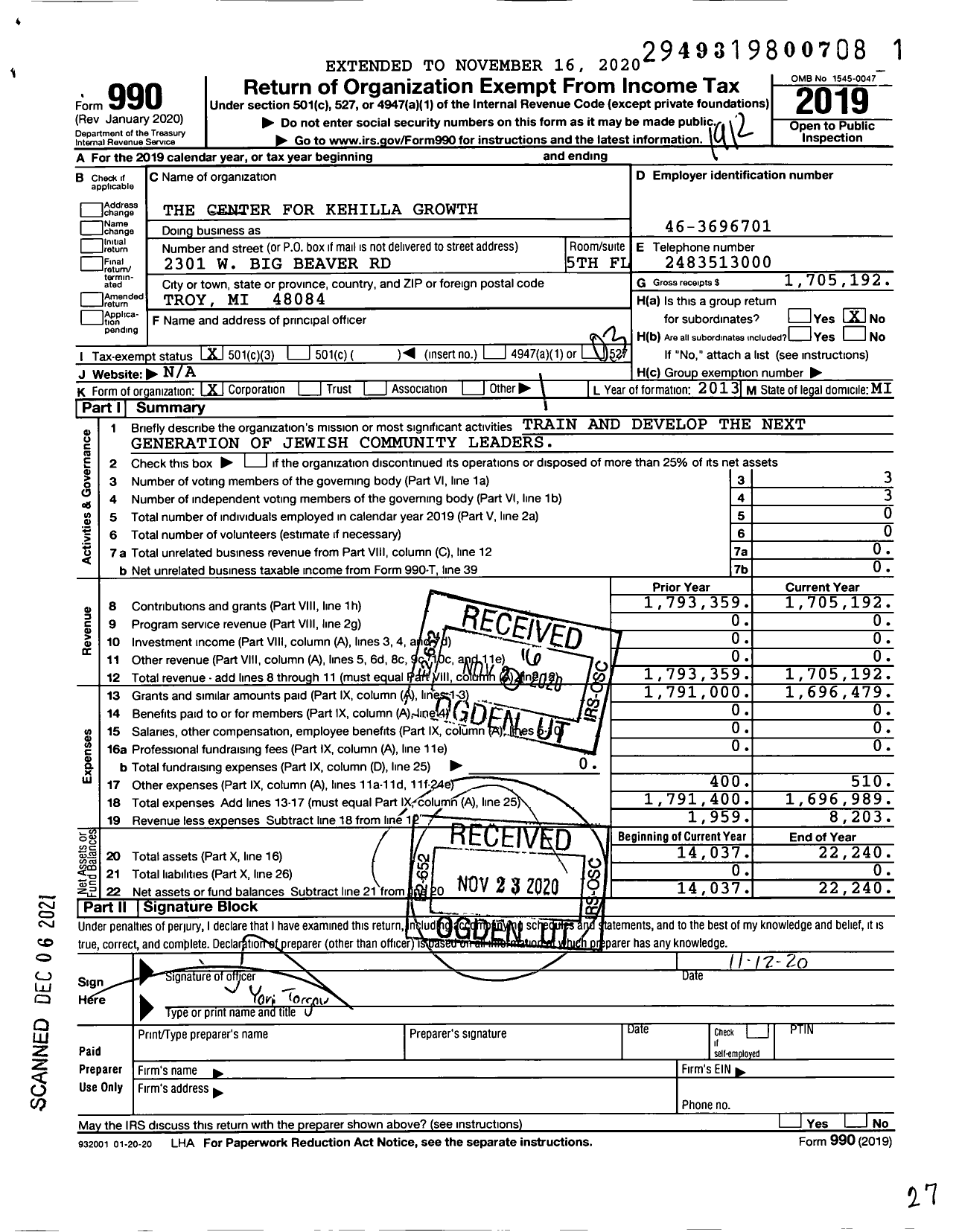 Image of first page of 2019 Form 990 for The Center for Kehilla Growth