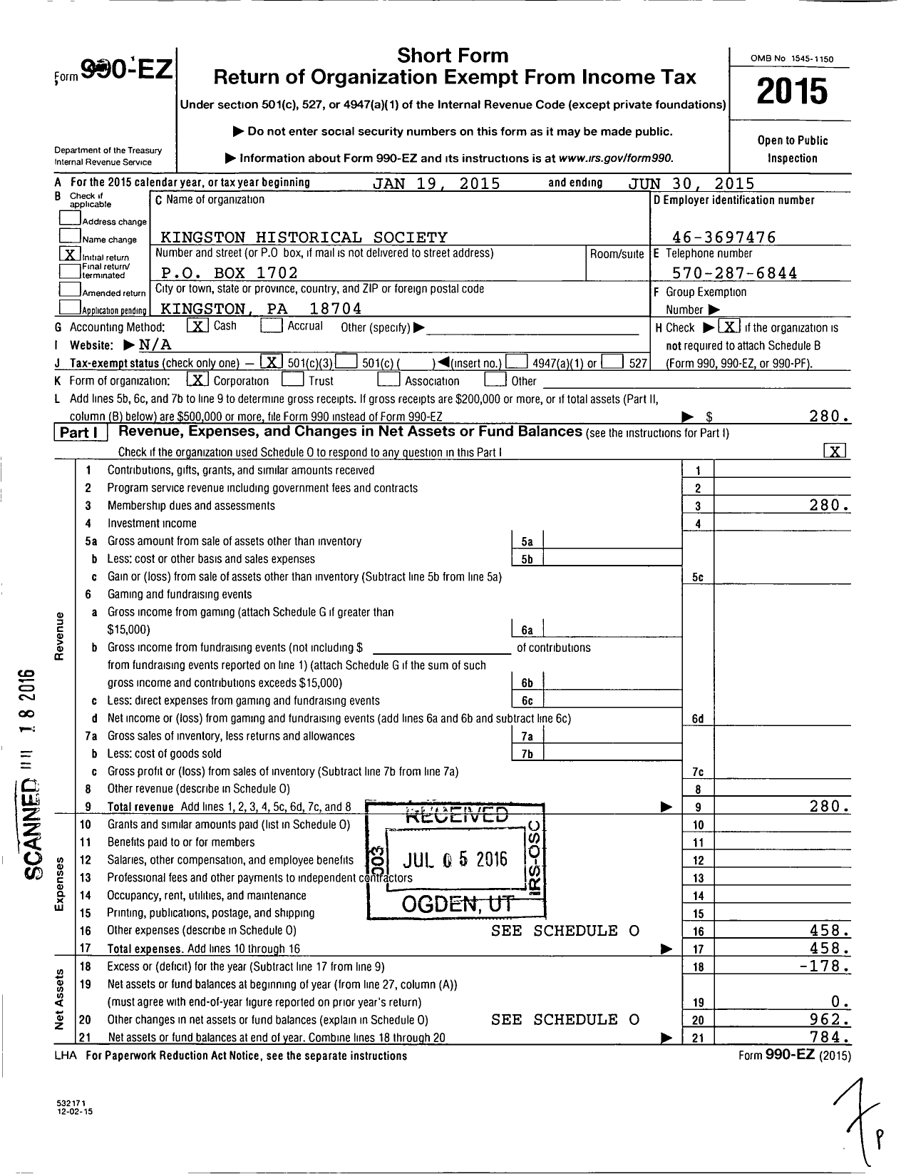 Image of first page of 2014 Form 990EZ for Kingston Historical Society