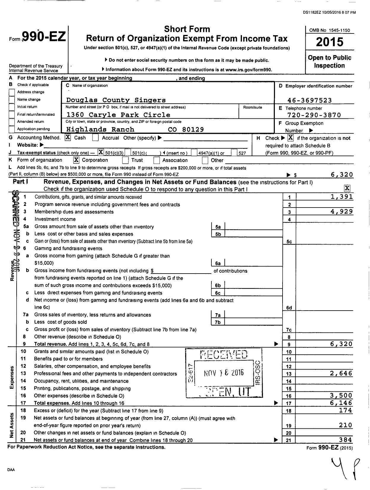 Image of first page of 2015 Form 990EZ for Douglas County Singers