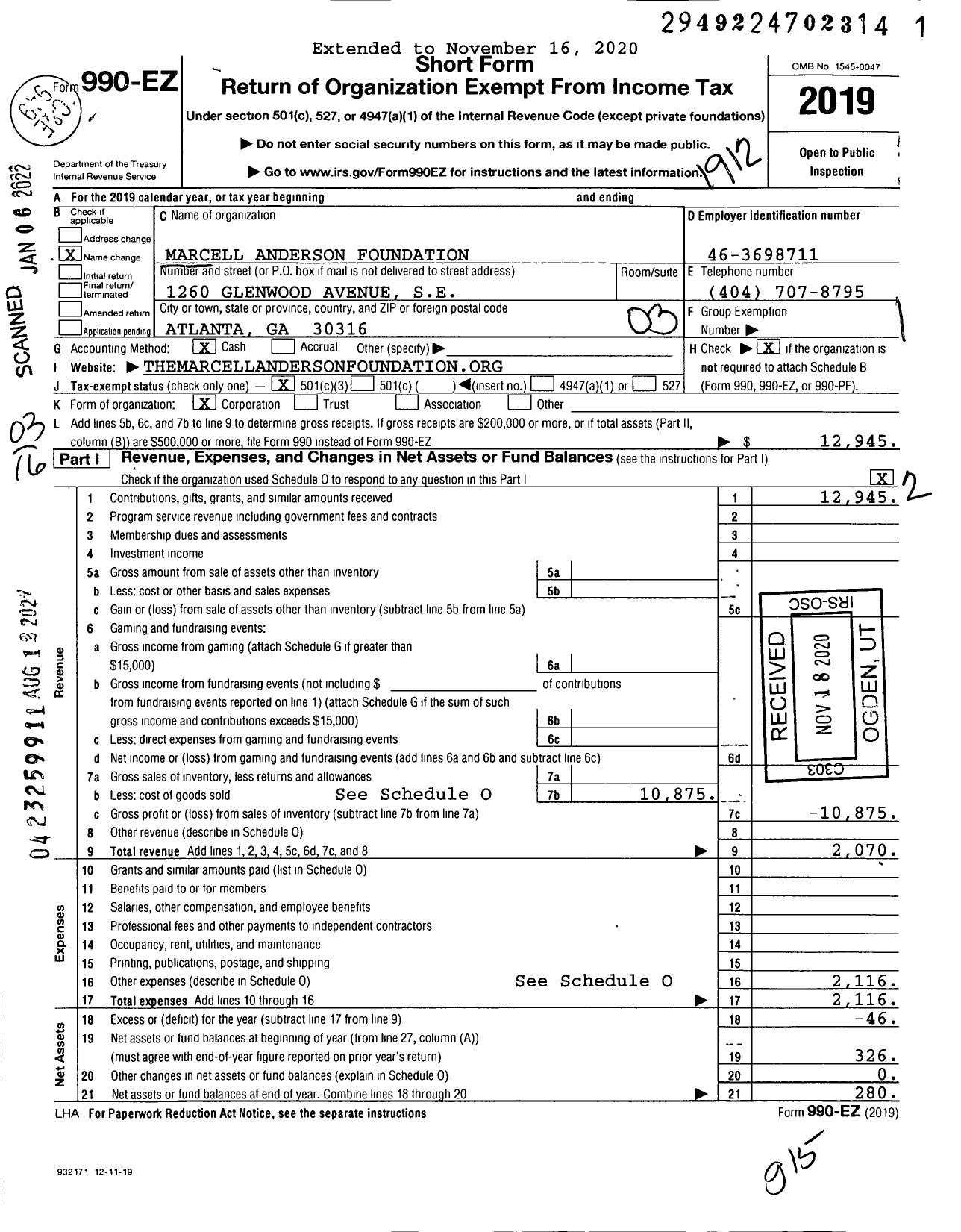 Image of first page of 2019 Form 990EZ for Marcell Anderson Foundation