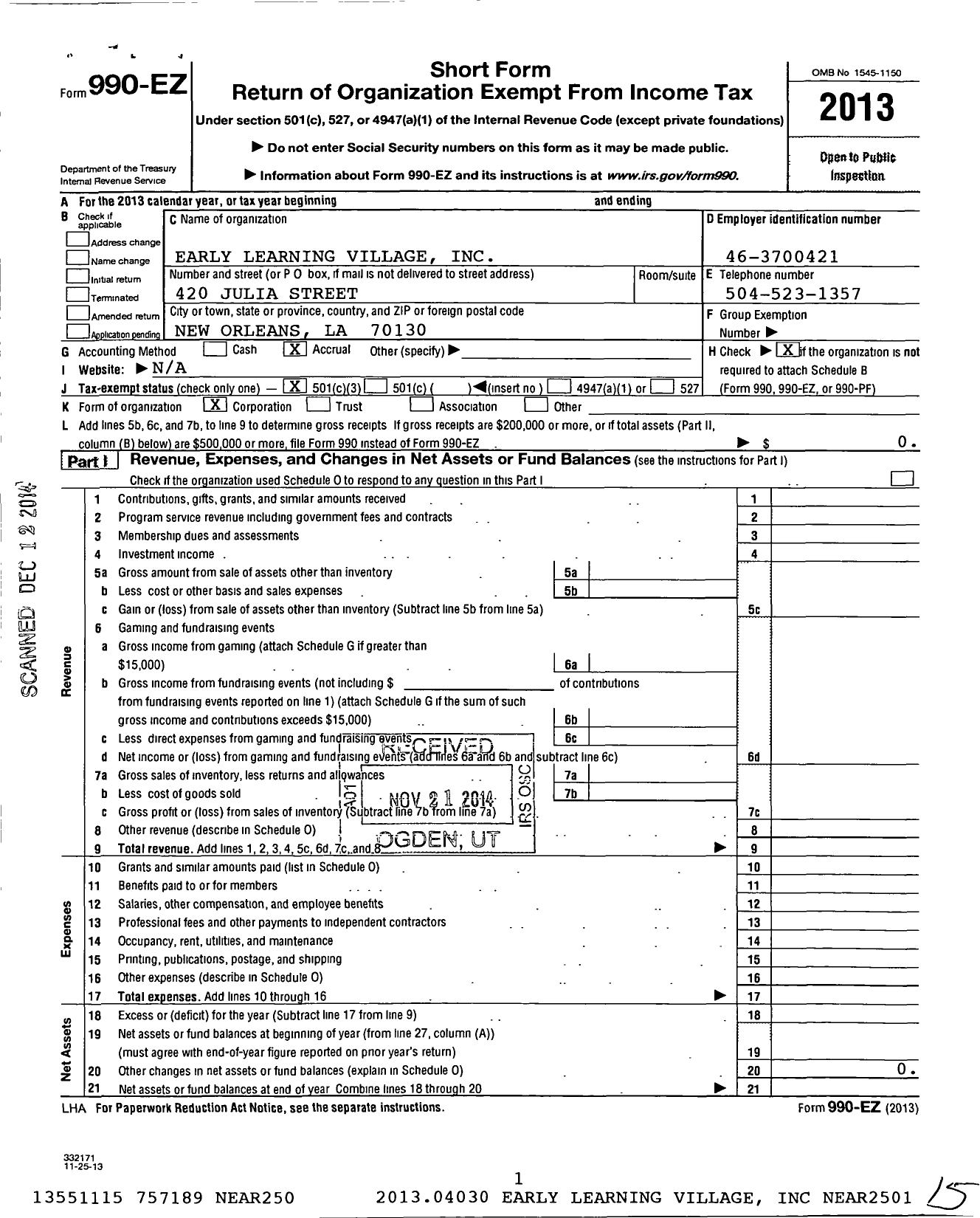 Image of first page of 2013 Form 990EZ for Early Learning Village