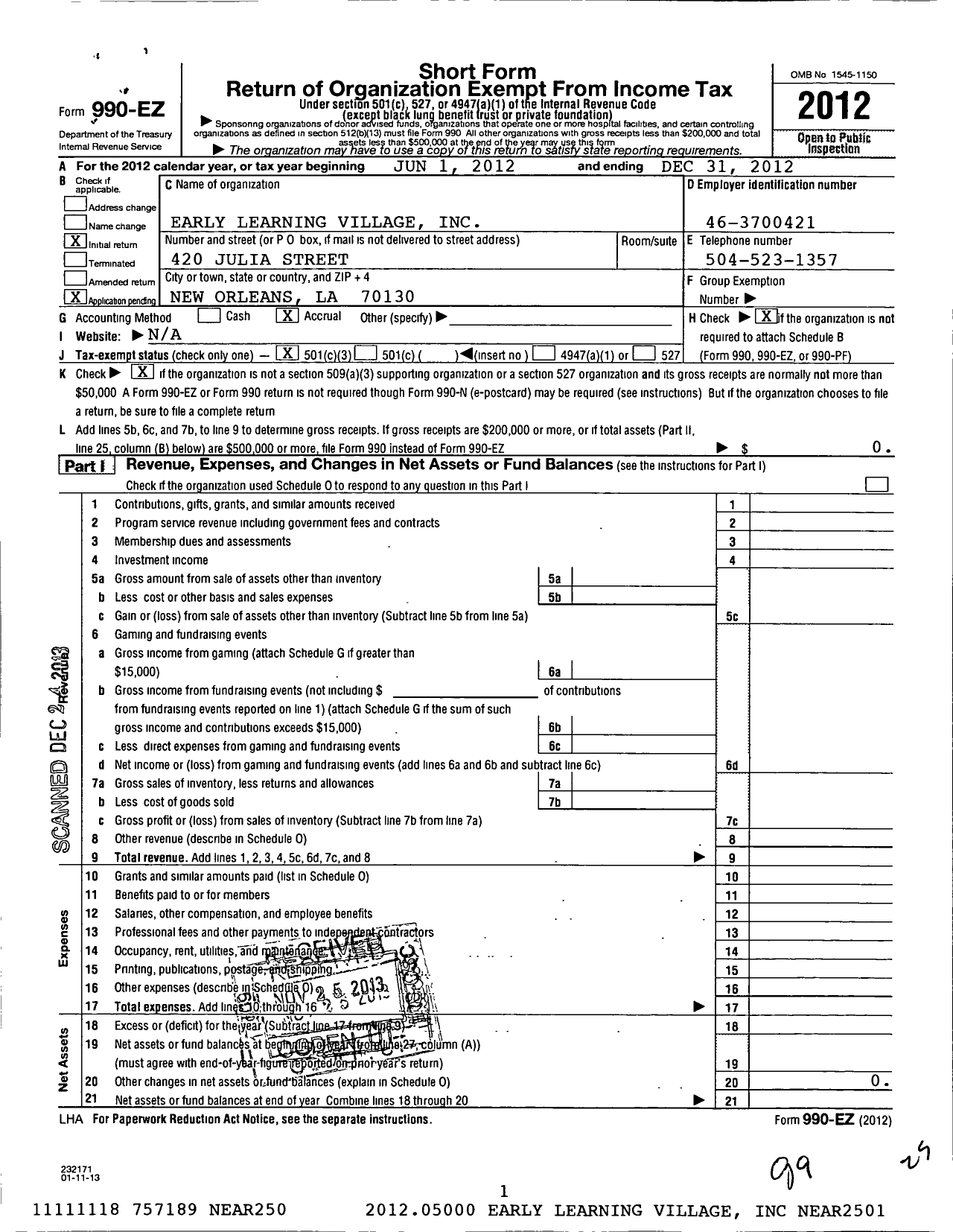 Image of first page of 2012 Form 990EZ for Early Learning Village