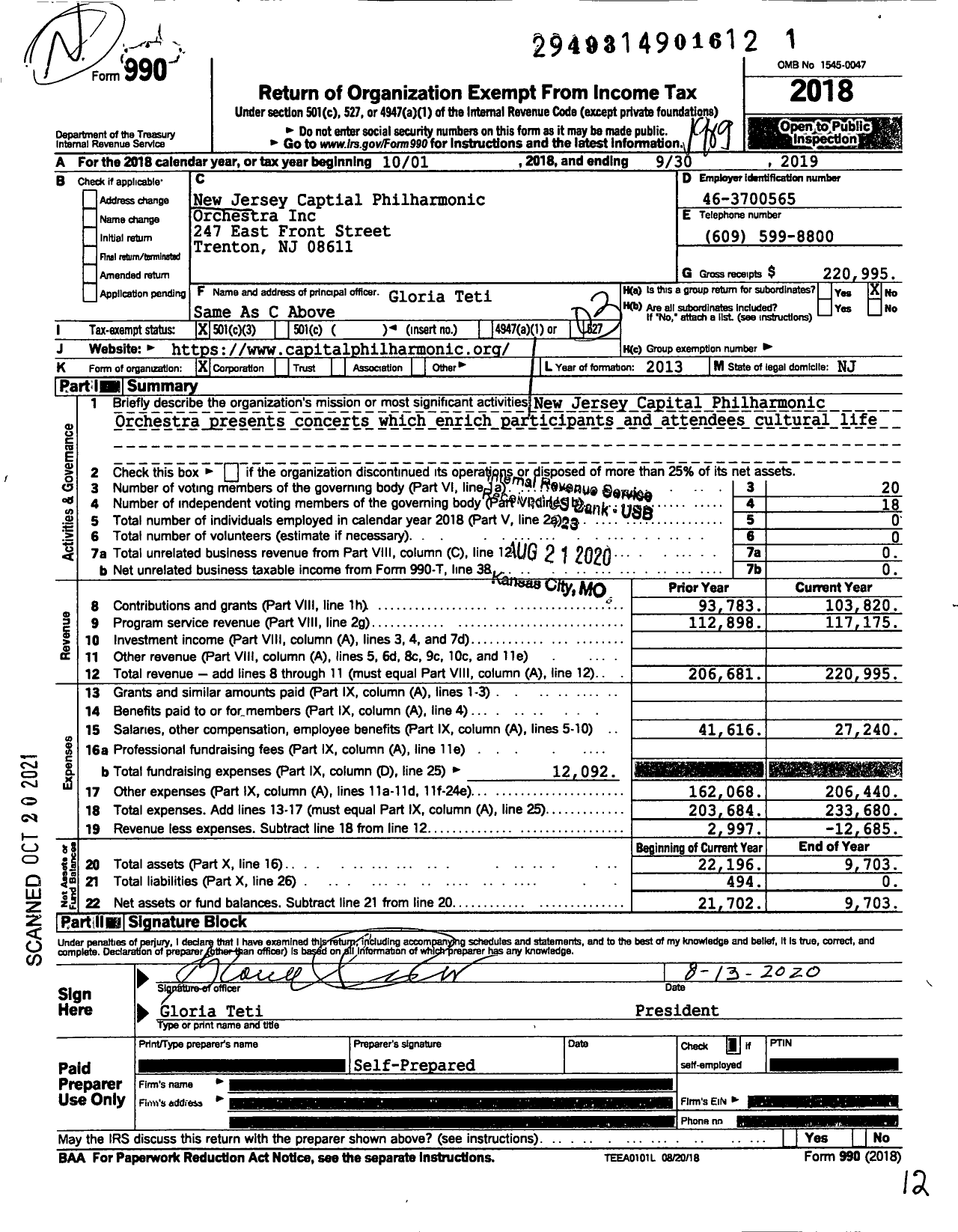 Image of first page of 2018 Form 990 for New Jersey Capital Philharmonic Orchestra