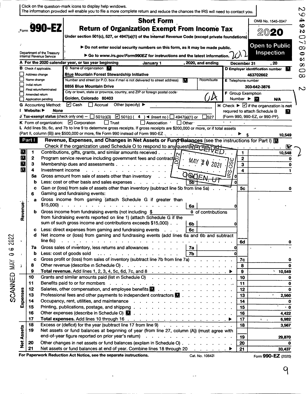 Image of first page of 2020 Form 990EO for Blue Mountain Forest Stewardship Initiative