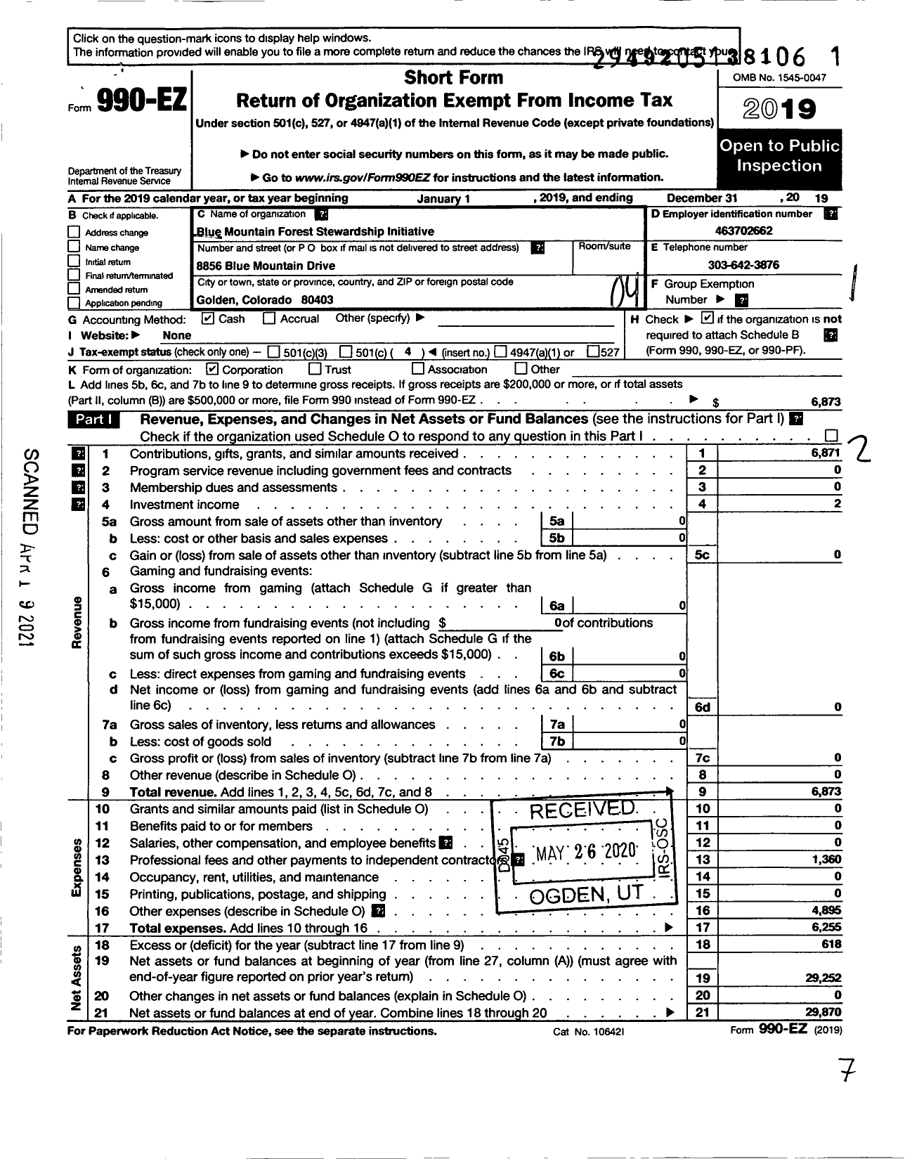 Image of first page of 2019 Form 990EO for Blue Mountain Forest Stewardship Initiative