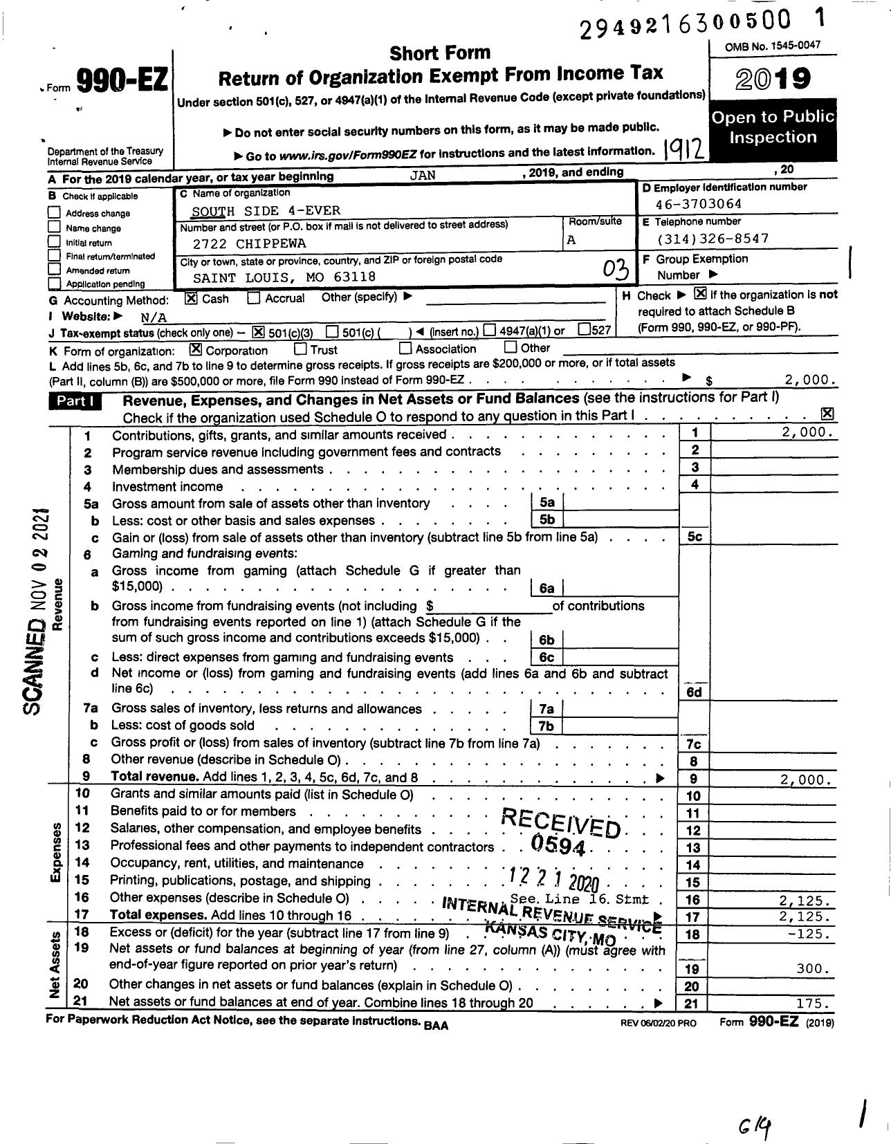 Image of first page of 2019 Form 990EZ for South Side 4-ever