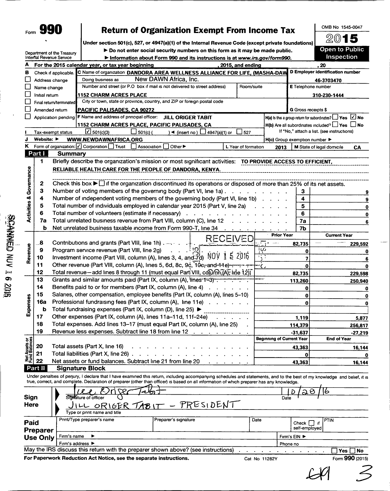 Image of first page of 2015 Form 990 for New DAWN Africa