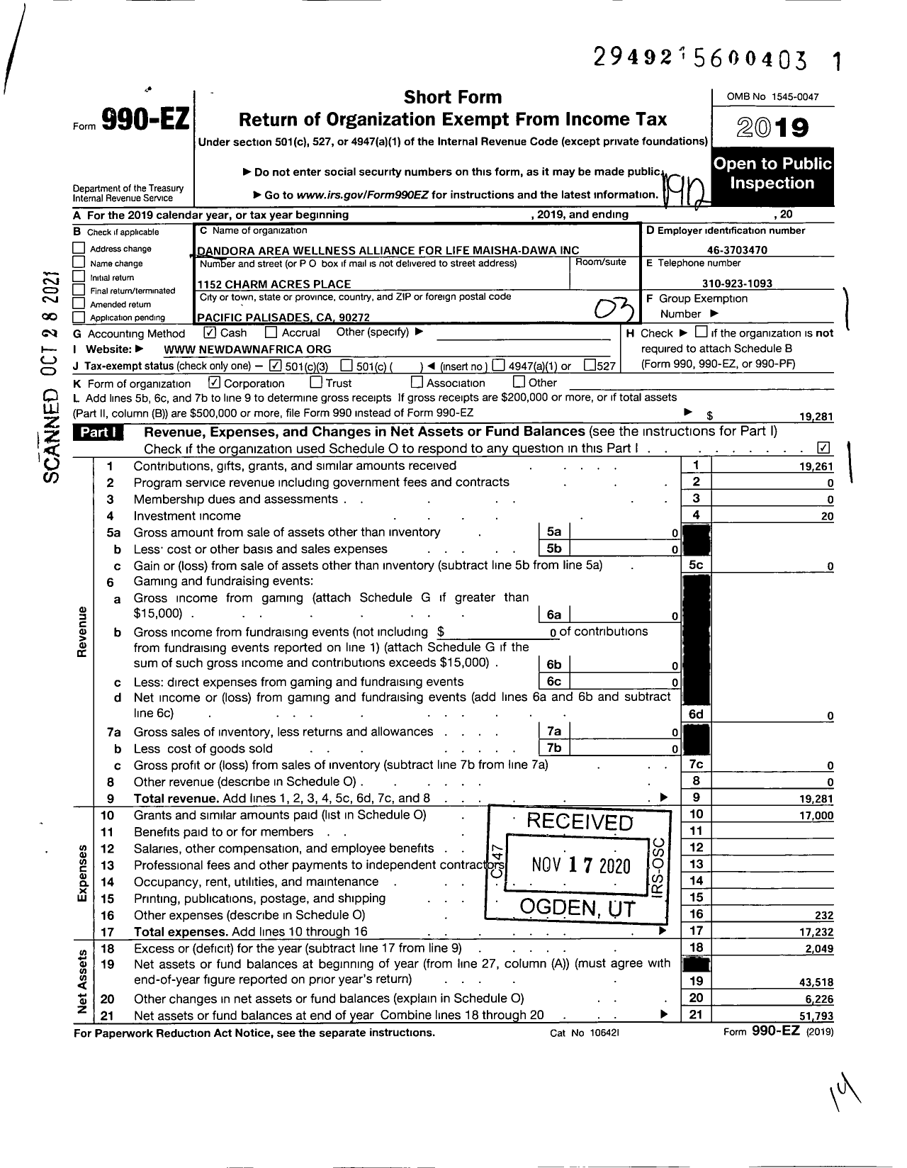 Image of first page of 2019 Form 990EZ for Dandora Area Wellness Alliance for Life Maisha-Dawa