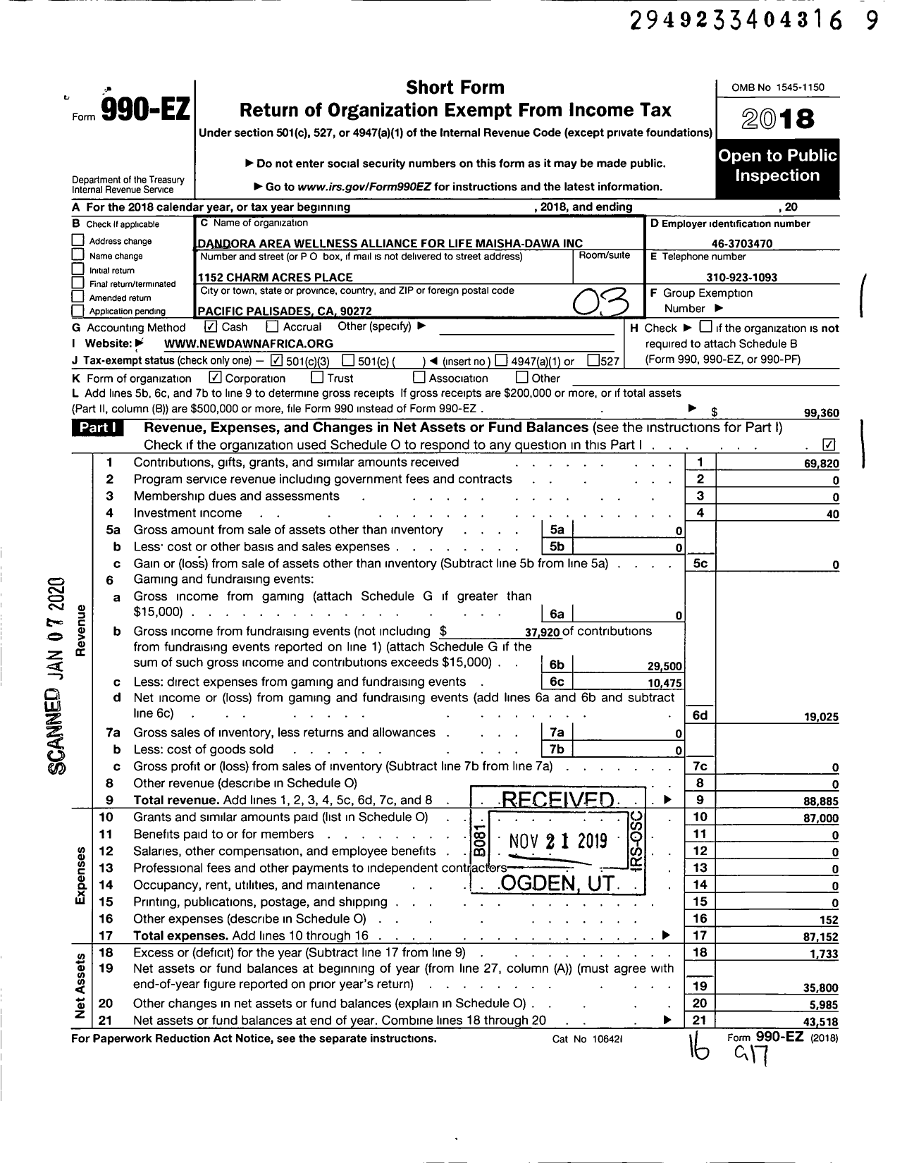 Image of first page of 2018 Form 990EZ for Dandora Area Wellness Alliance for Life Maisha-Dawa