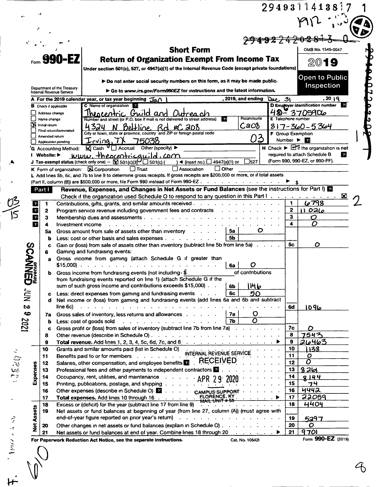 Image of first page of 2019 Form 990EZ for Theocentric Guild and Outreach