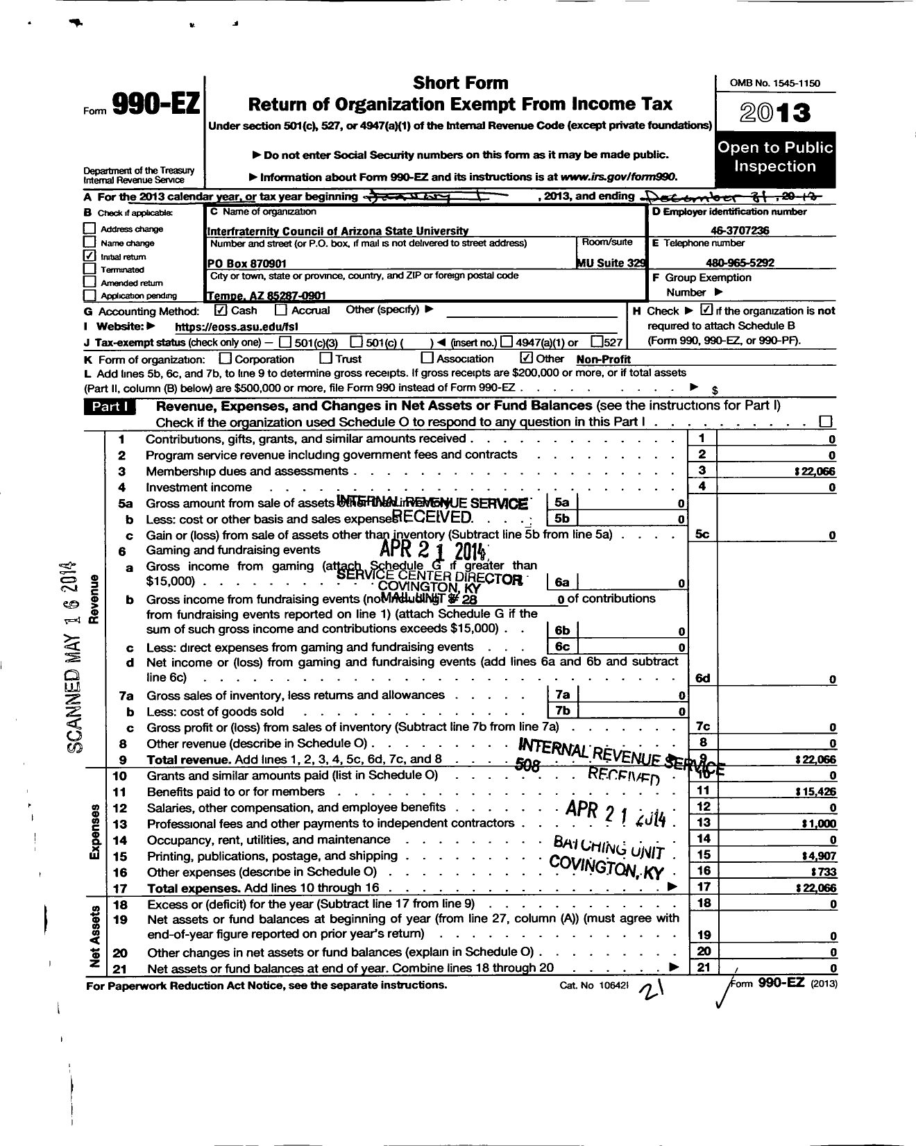 Image of first page of 2013 Form 990EO for Interfraternity Council of Arizona State University