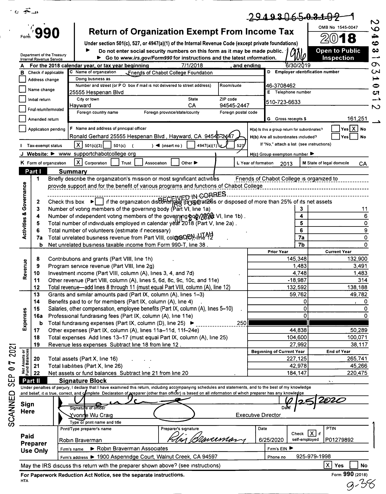 Image of first page of 2018 Form 990 for The Friends of Chabot College