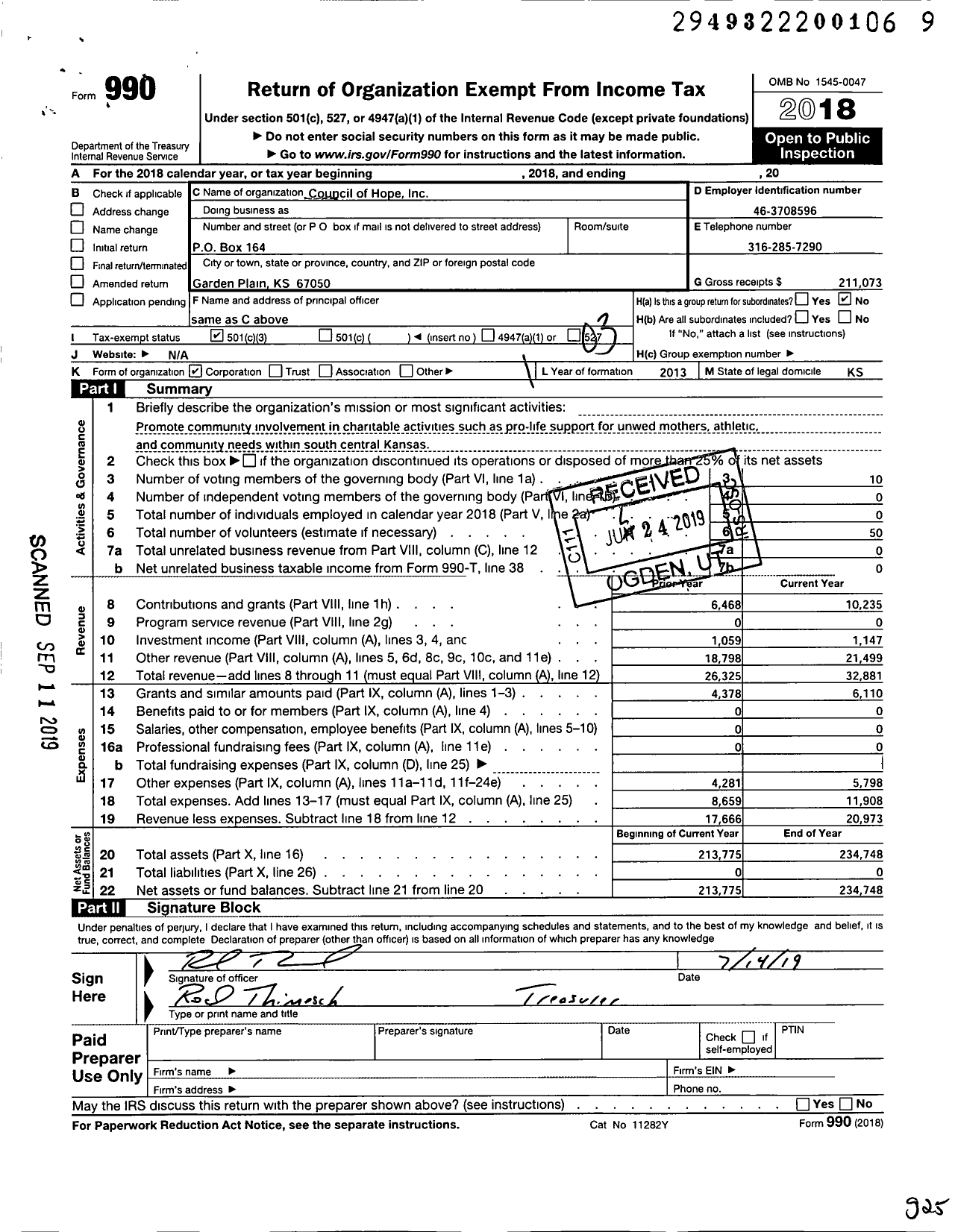 Image of first page of 2018 Form 990 for Council of Hope