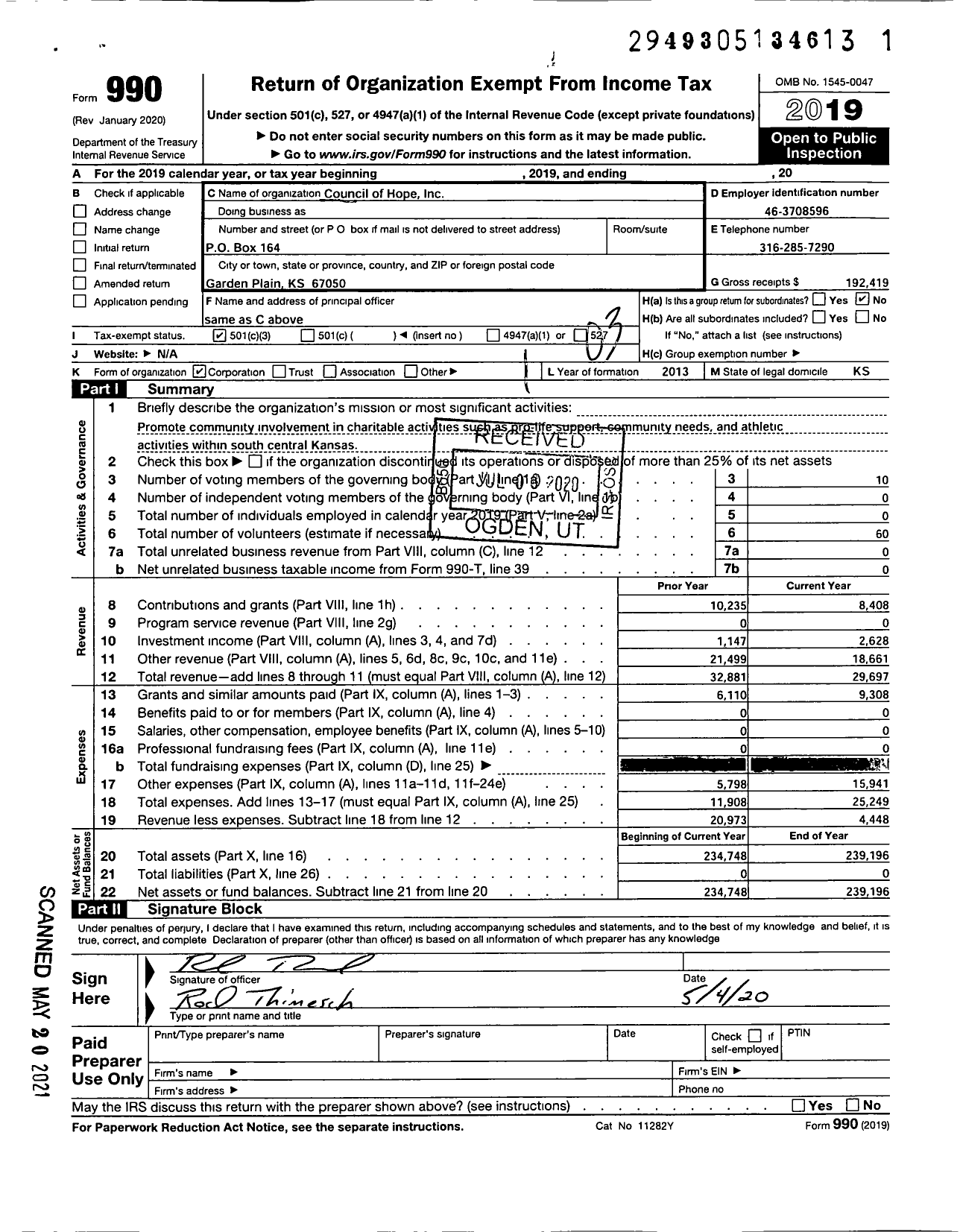 Image of first page of 2019 Form 990 for Council of Hope