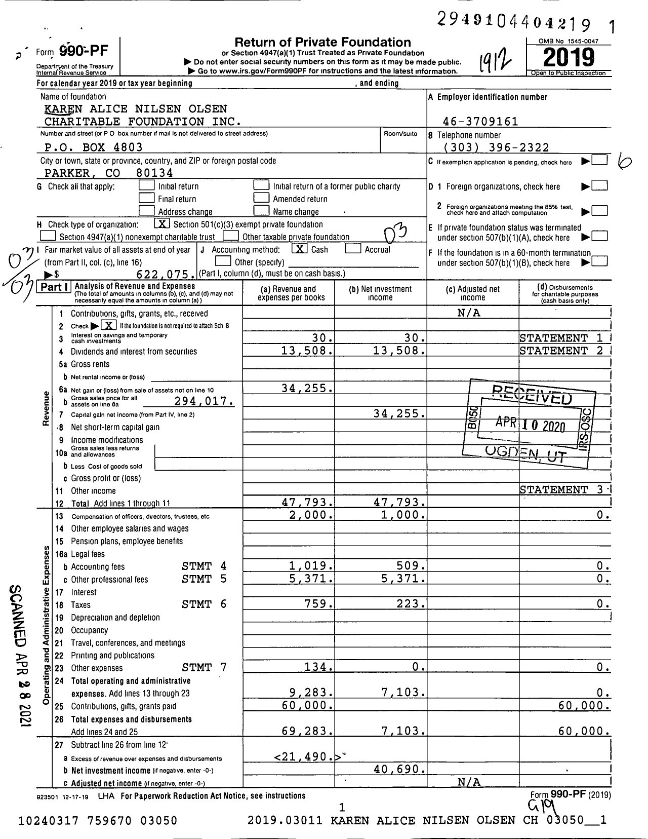 Image of first page of 2019 Form 990PF for Karen Alice Nilsen Olsen Charitable Foundation