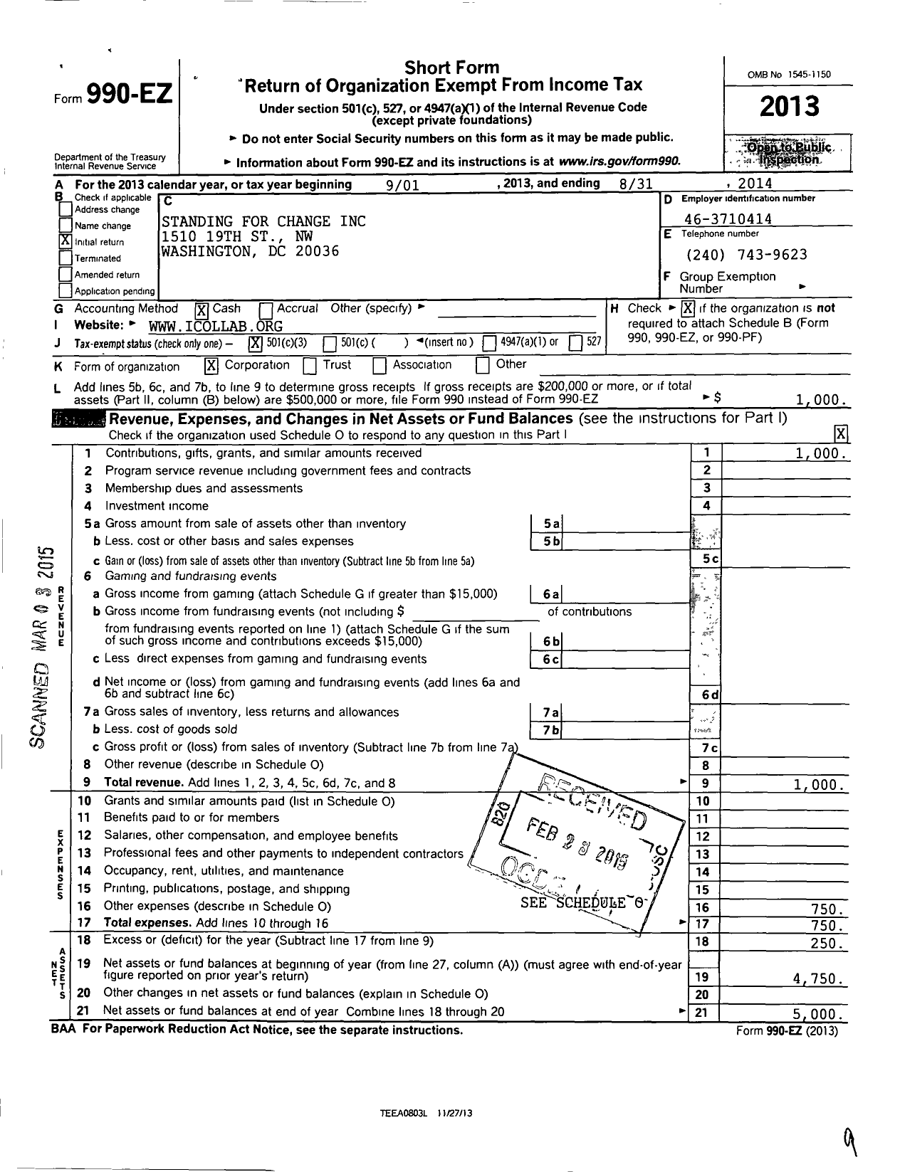 Image of first page of 2013 Form 990EZ for Standing for Change