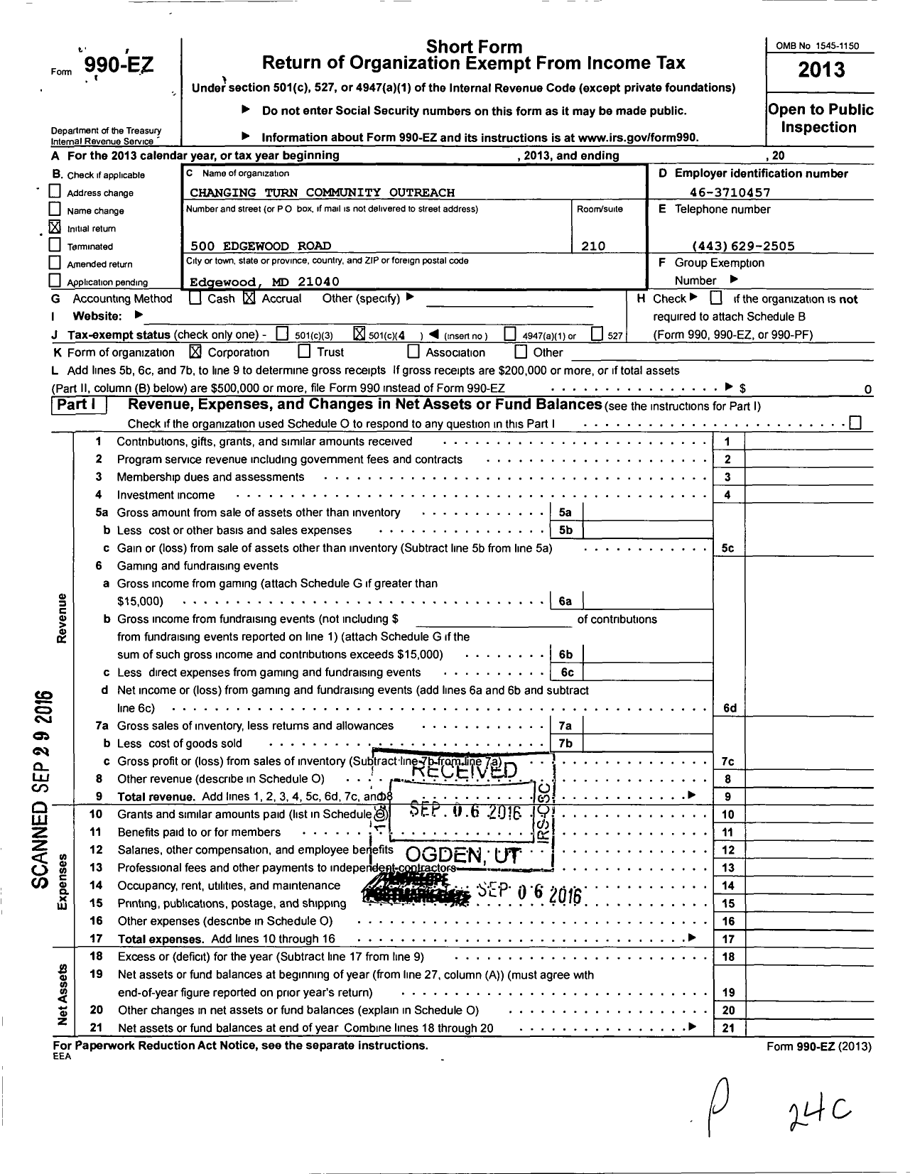 Image of first page of 2013 Form 990EO for Changing Turn Community Outreach