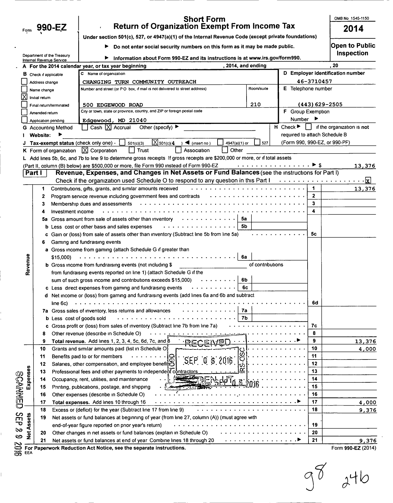 Image of first page of 2014 Form 990EO for Changing Turn Community Outreach