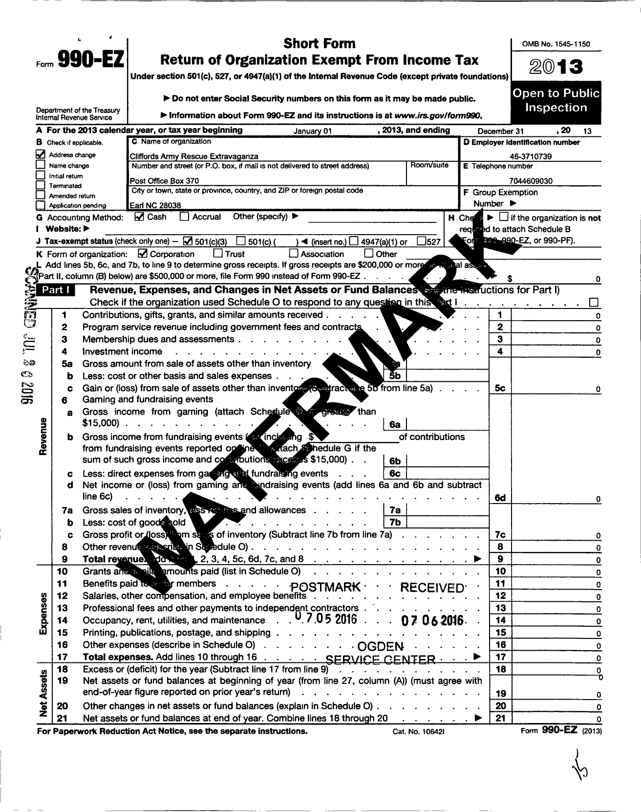 Image of first page of 2013 Form 990EZ for Cliffords Army Rescue Extravaganza