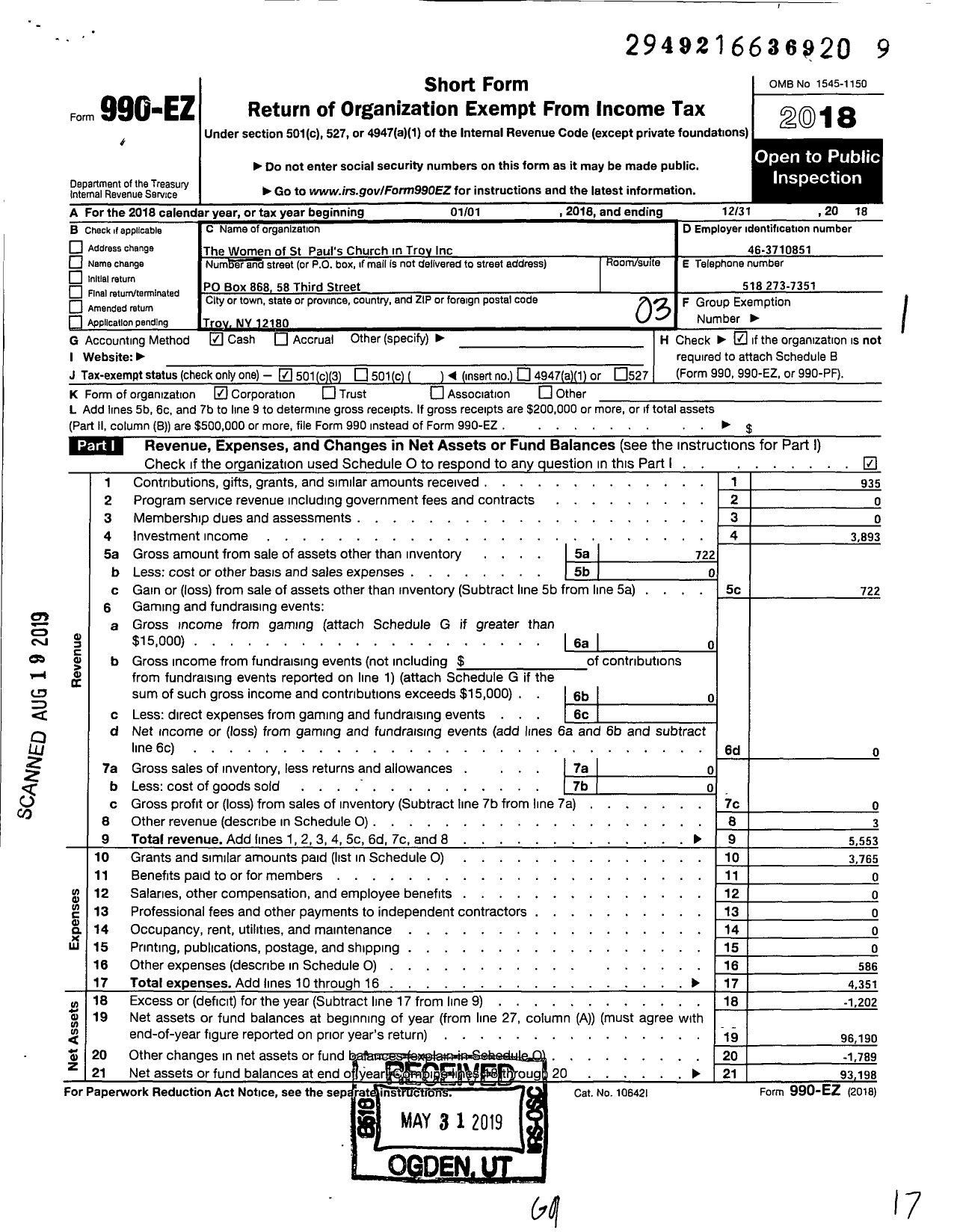 Image of first page of 2018 Form 990EZ for Women of St Pauls Church in Troy