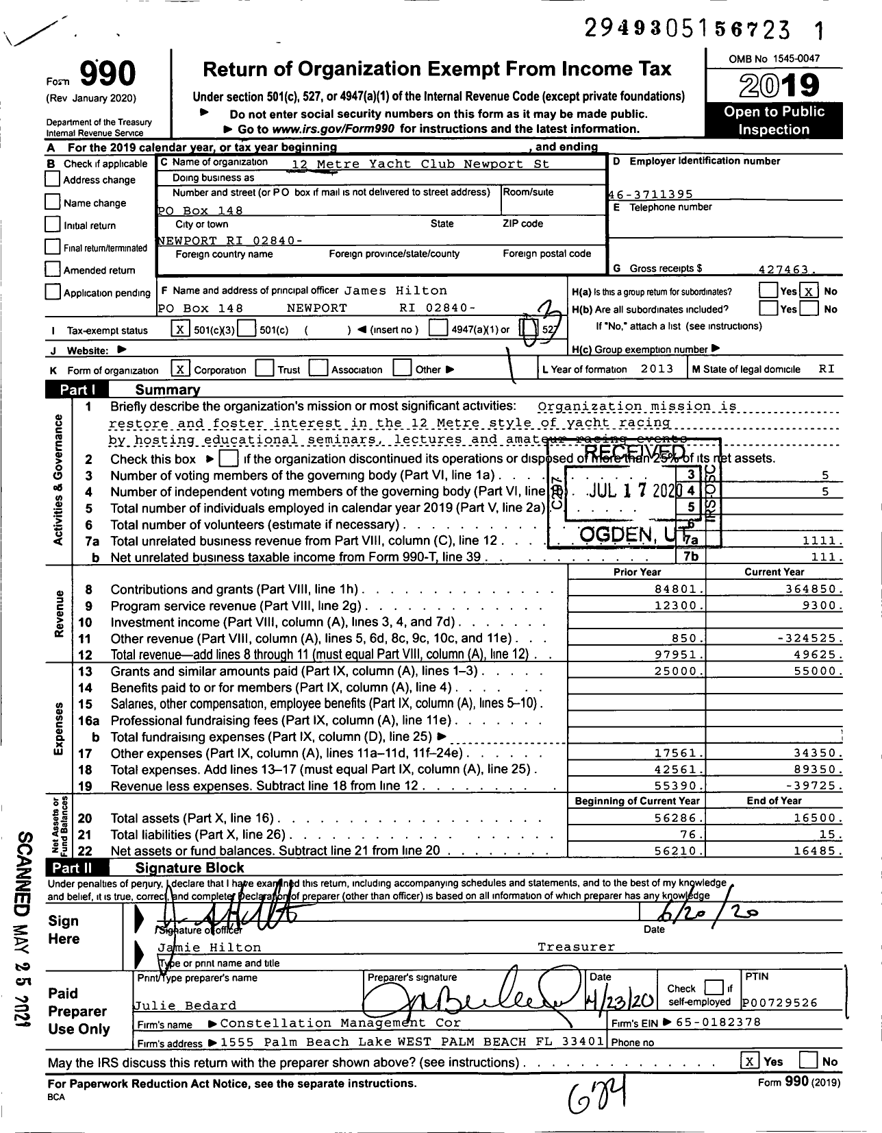 Image of first page of 2019 Form 990 for 12 Metre Yacht Club Newport Station