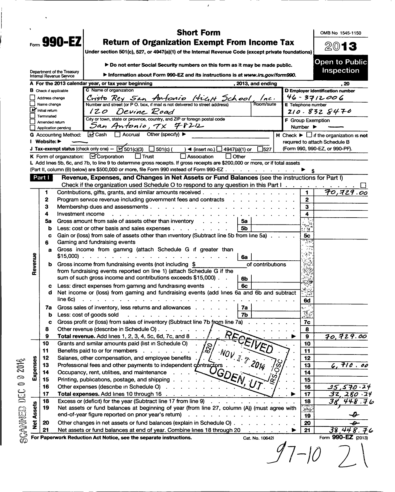 Image of first page of 2013 Form 990EZ for Cristo Rey San Antonio Highschool