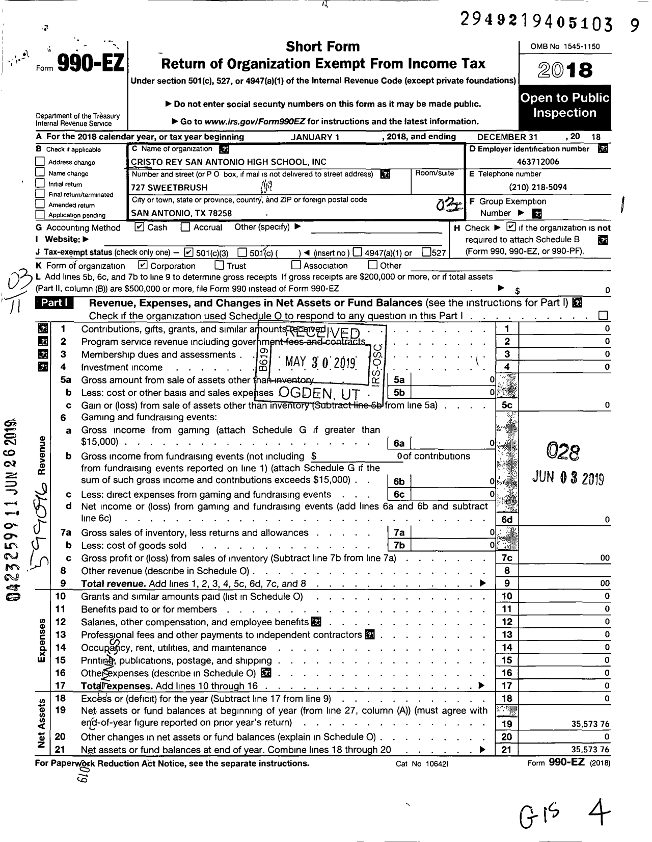 Image of first page of 2018 Form 990EZ for Cristo Rey San Antonio Highschool