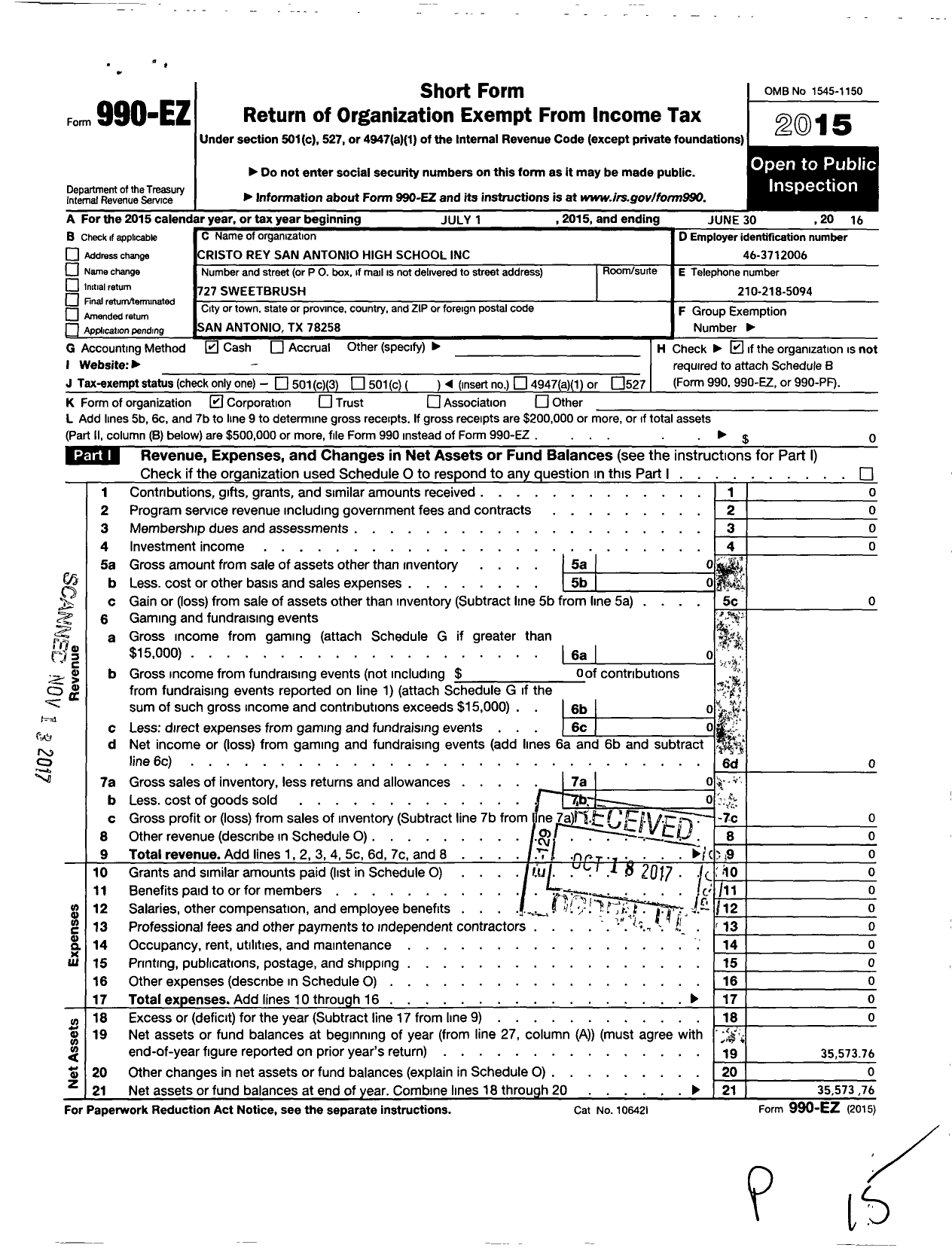 Image of first page of 2015 Form 990EO for Cristo Rey San Antonio Highschool