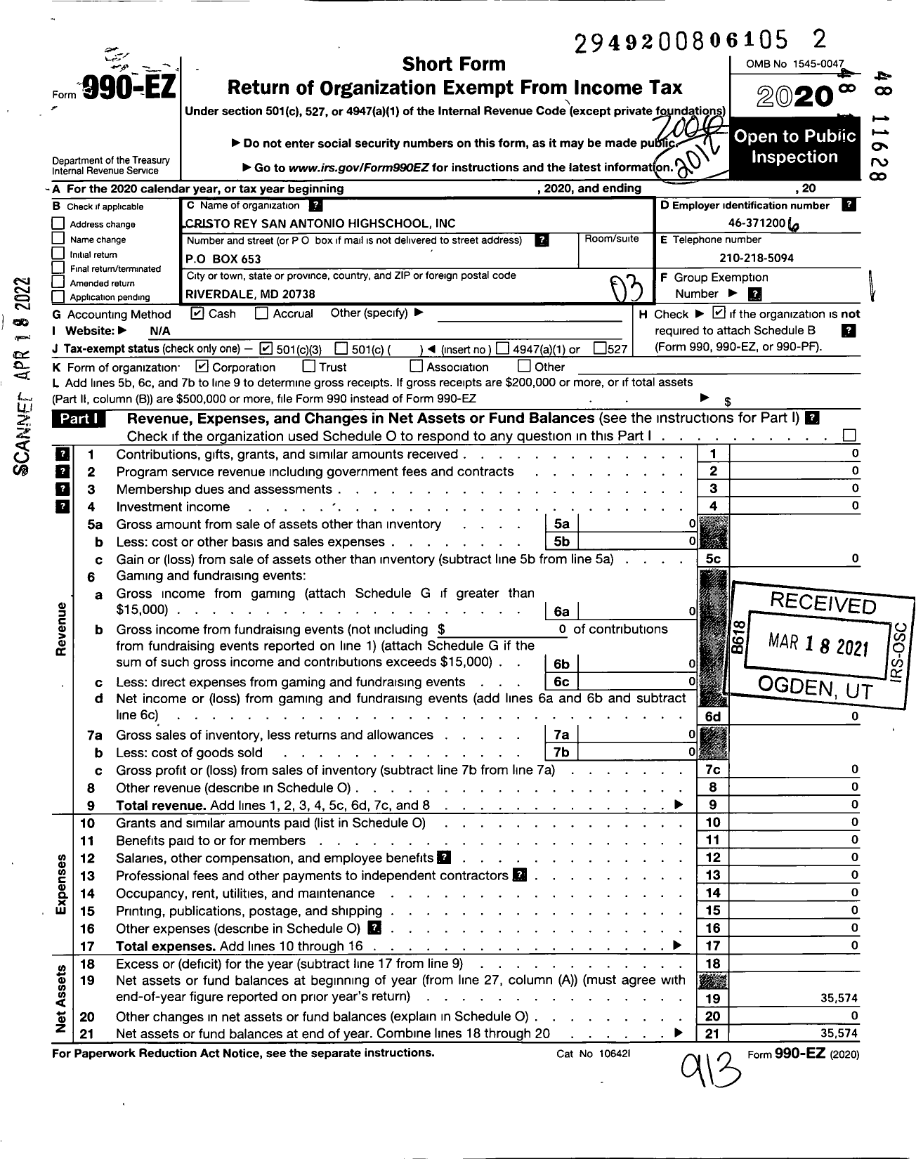 Image of first page of 2020 Form 990EZ for Cristo Rey San Antonio Highschool