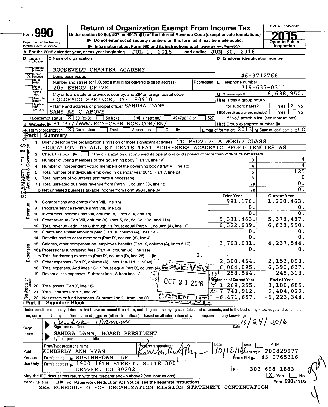 Image of first page of 2015 Form 990 for Roosevelt Charter Academy