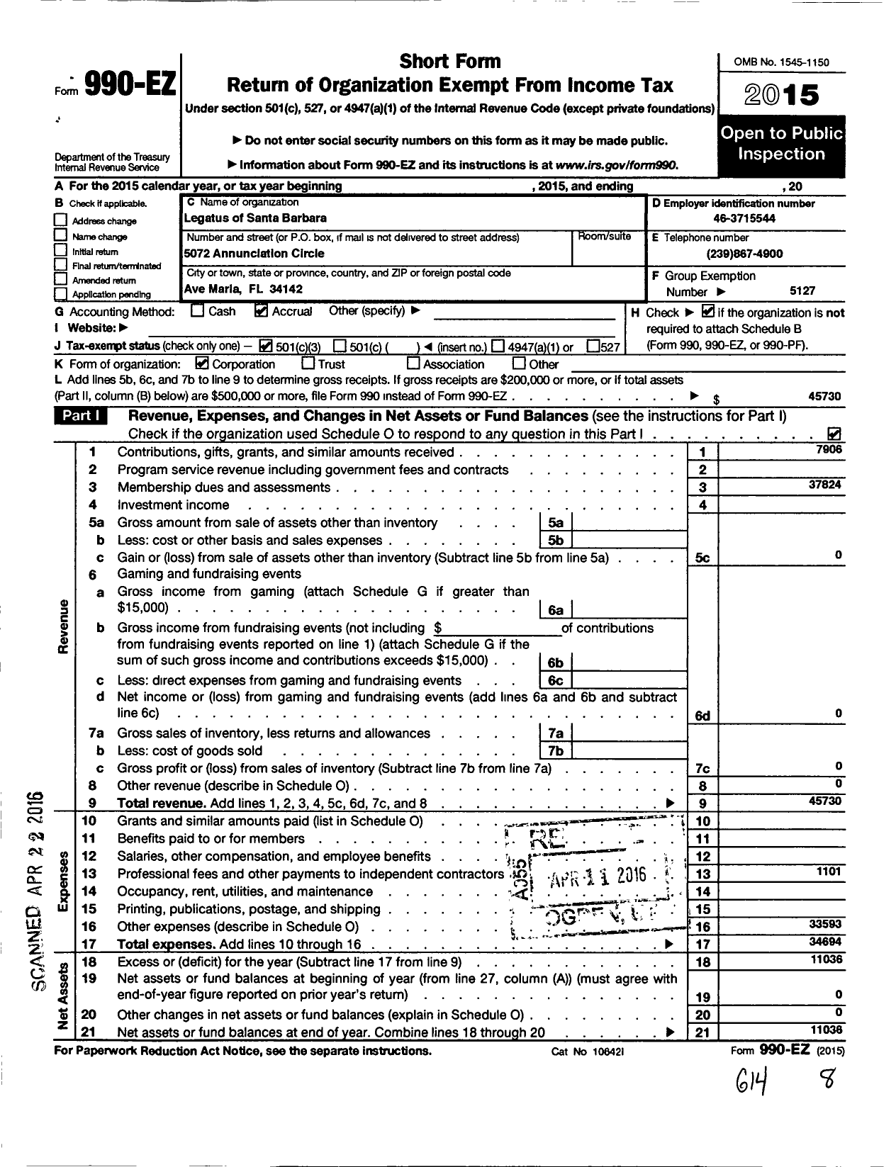 Image of first page of 2015 Form 990EZ for Legatus