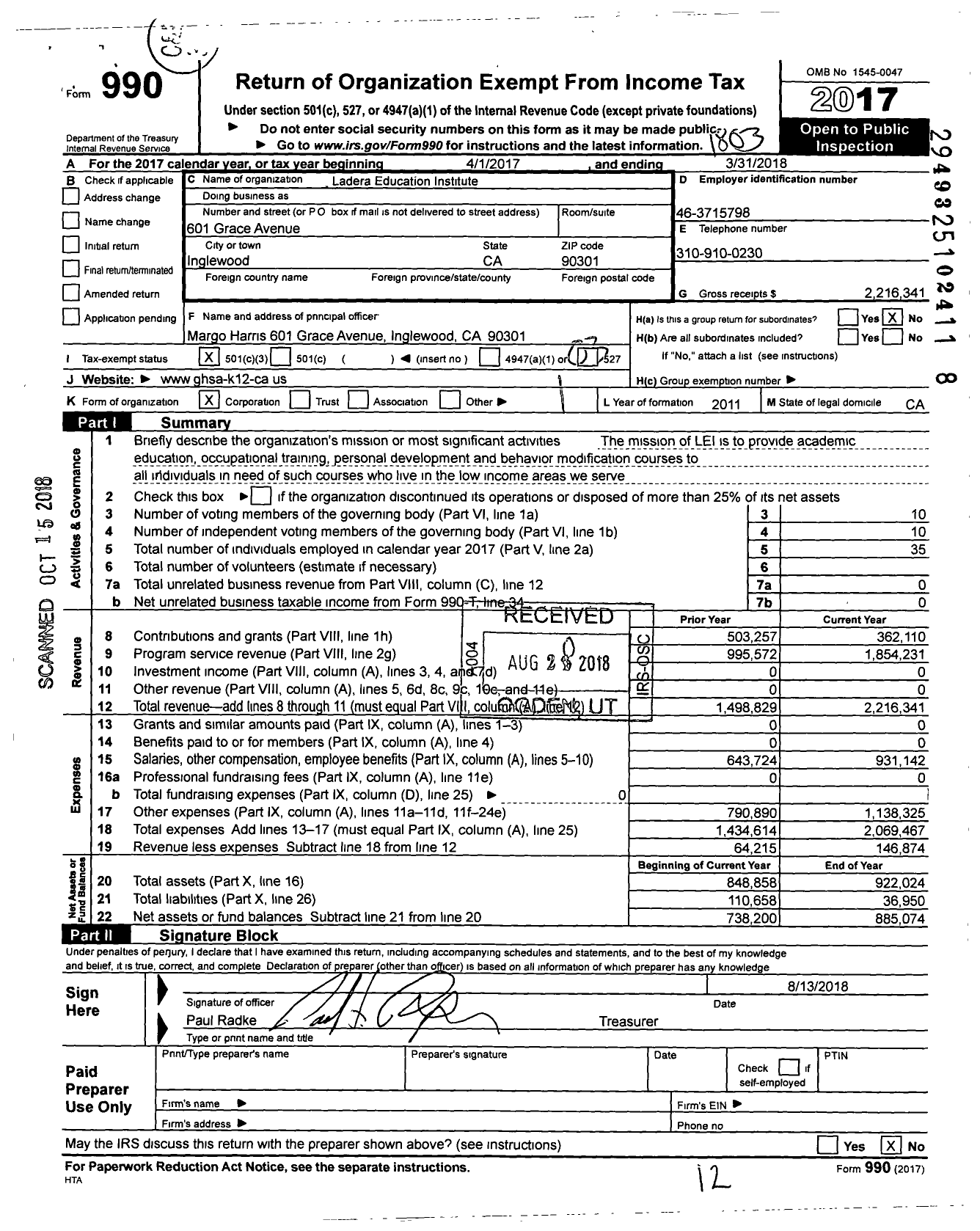 Image of first page of 2017 Form 990 for Ladera Education Institute