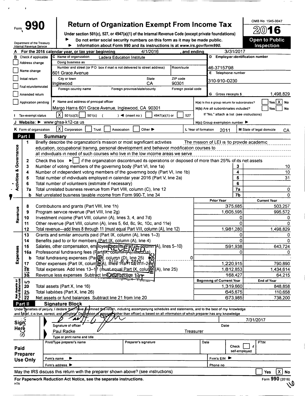 Image of first page of 2016 Form 990 for Ladera Education Institute