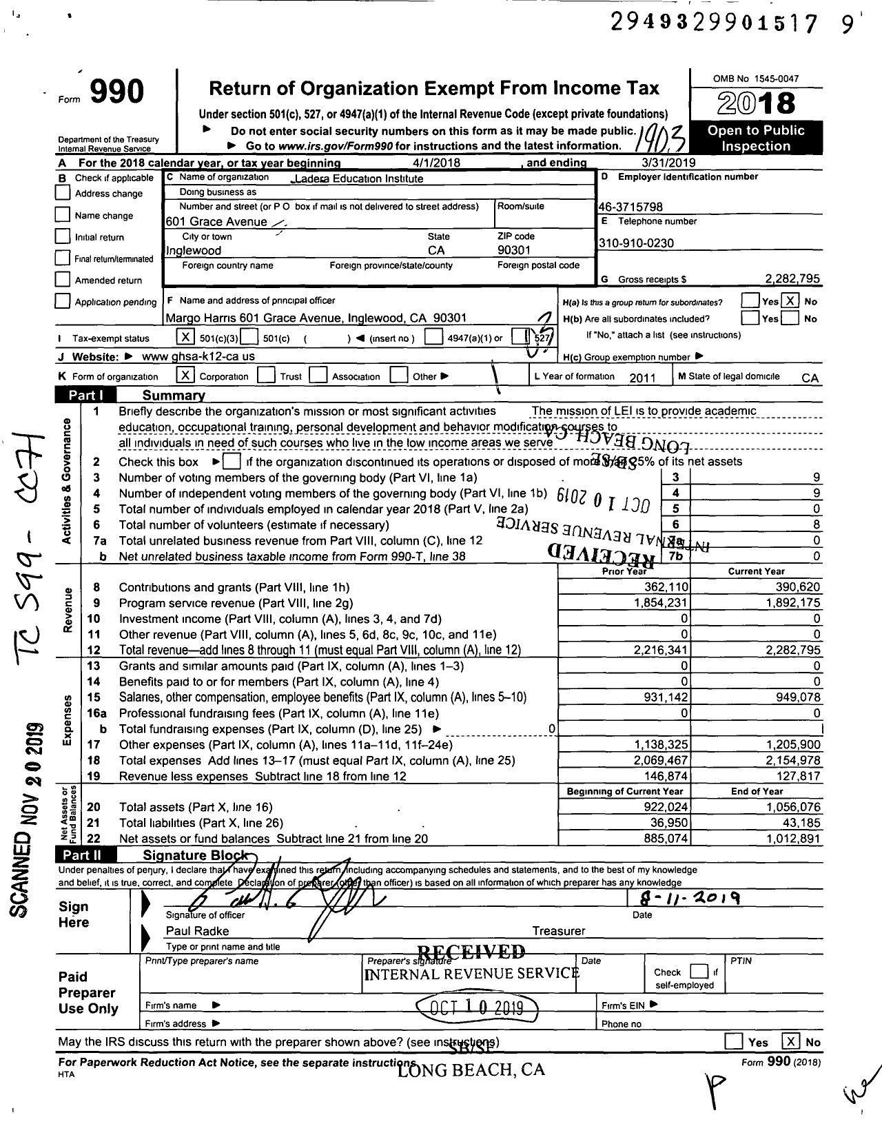 Image of first page of 2018 Form 990 for Ladera Education Institute