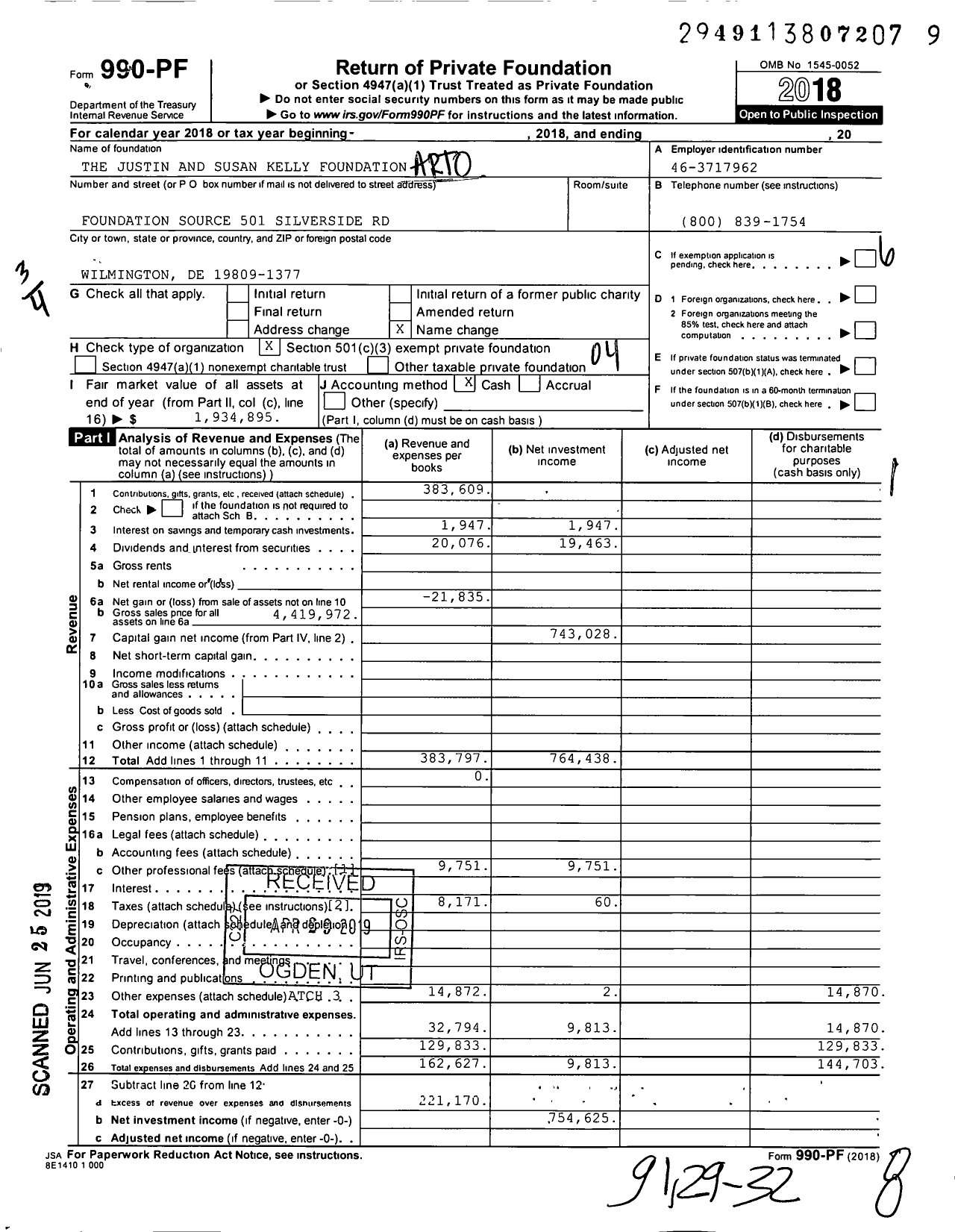 Image of first page of 2018 Form 990PF for The Justin and Susan Kelly Foundation