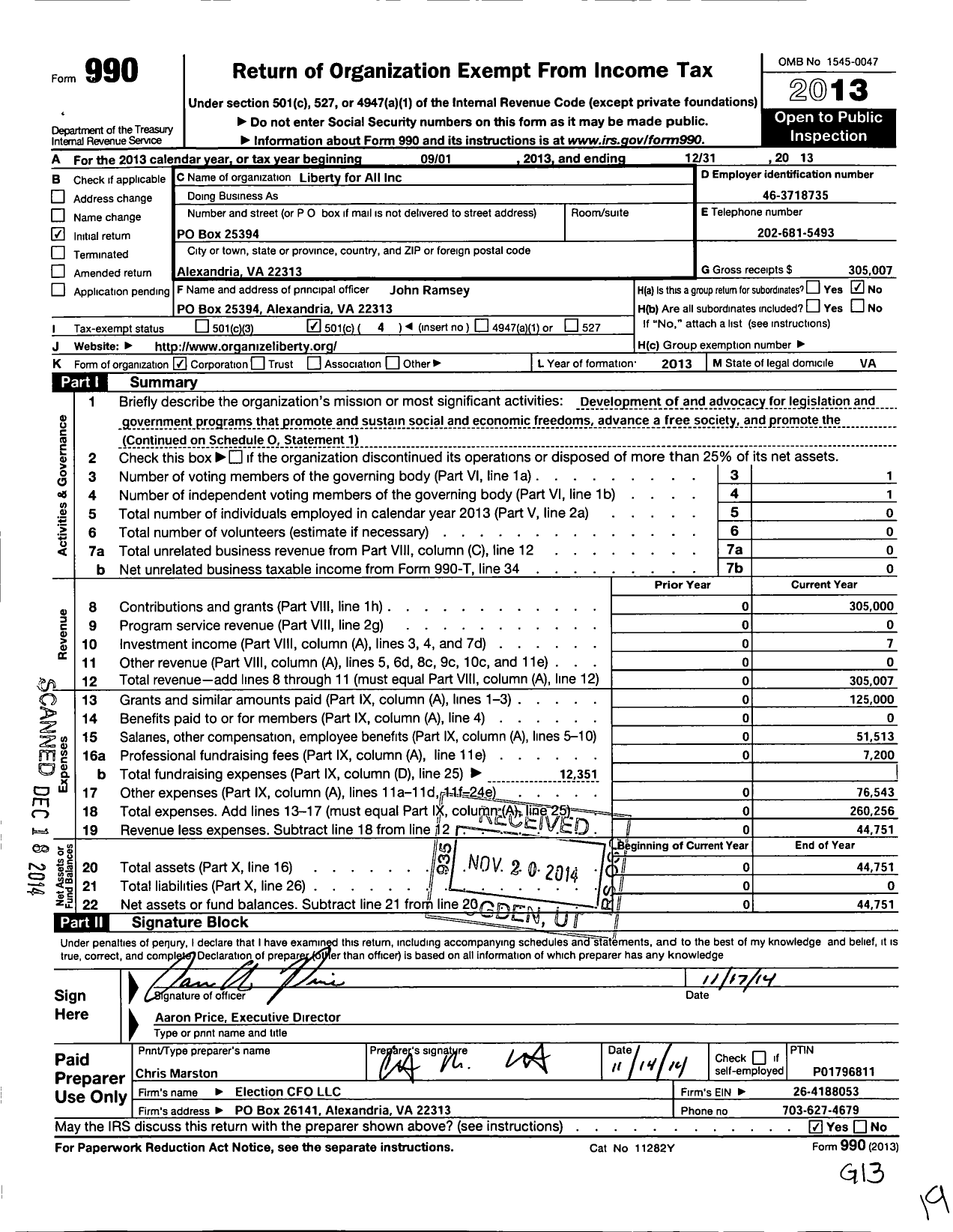 Image of first page of 2013 Form 990O for Liberty for All