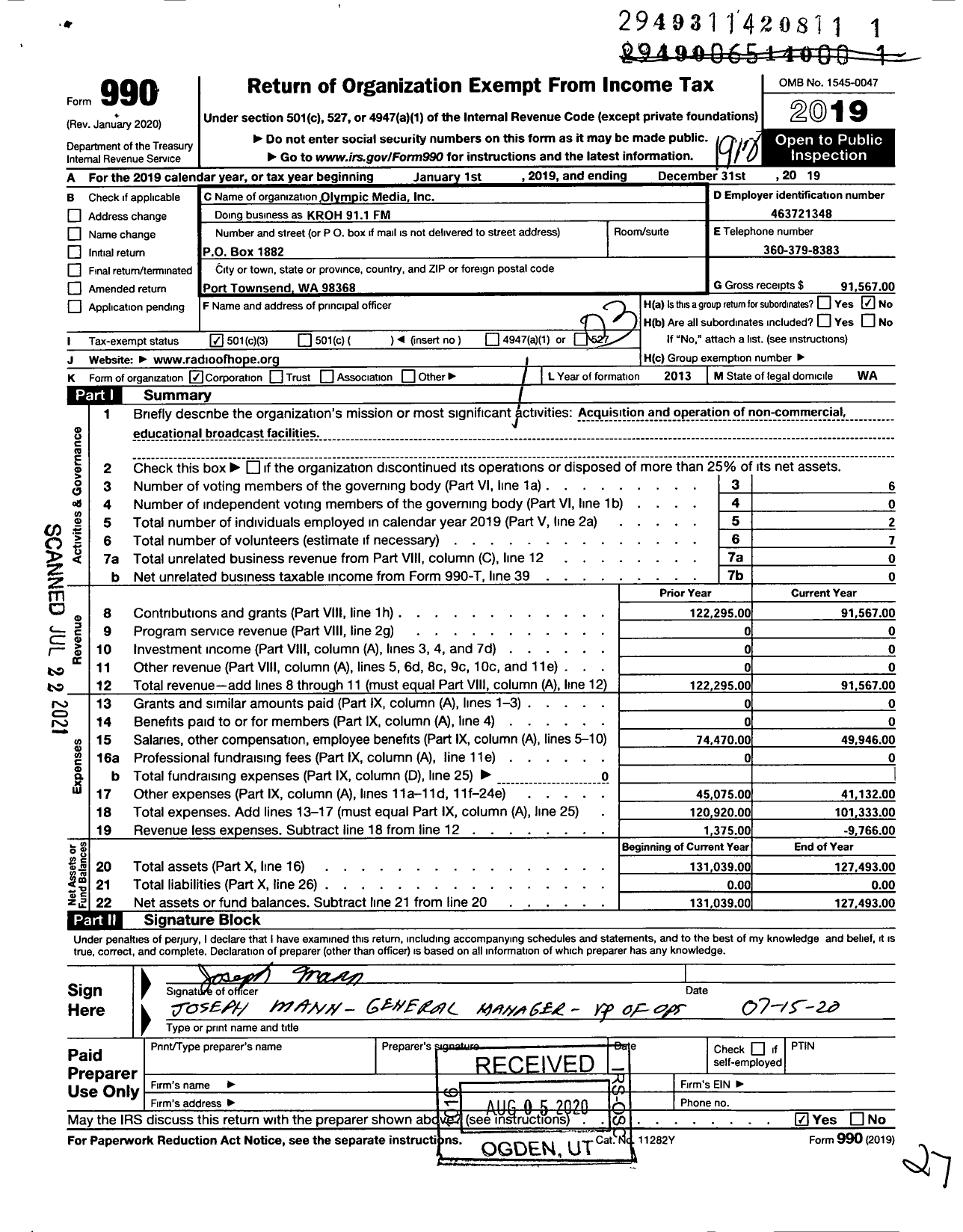 Image of first page of 2019 Form 990 for Olympic Media