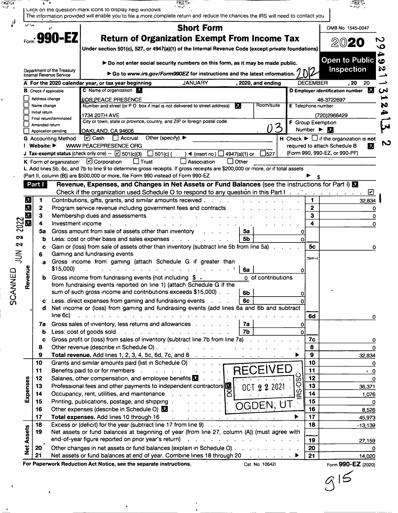 Image of first page of 2020 Form 990EZ for Fellowship of Reconciliation Peace Presence