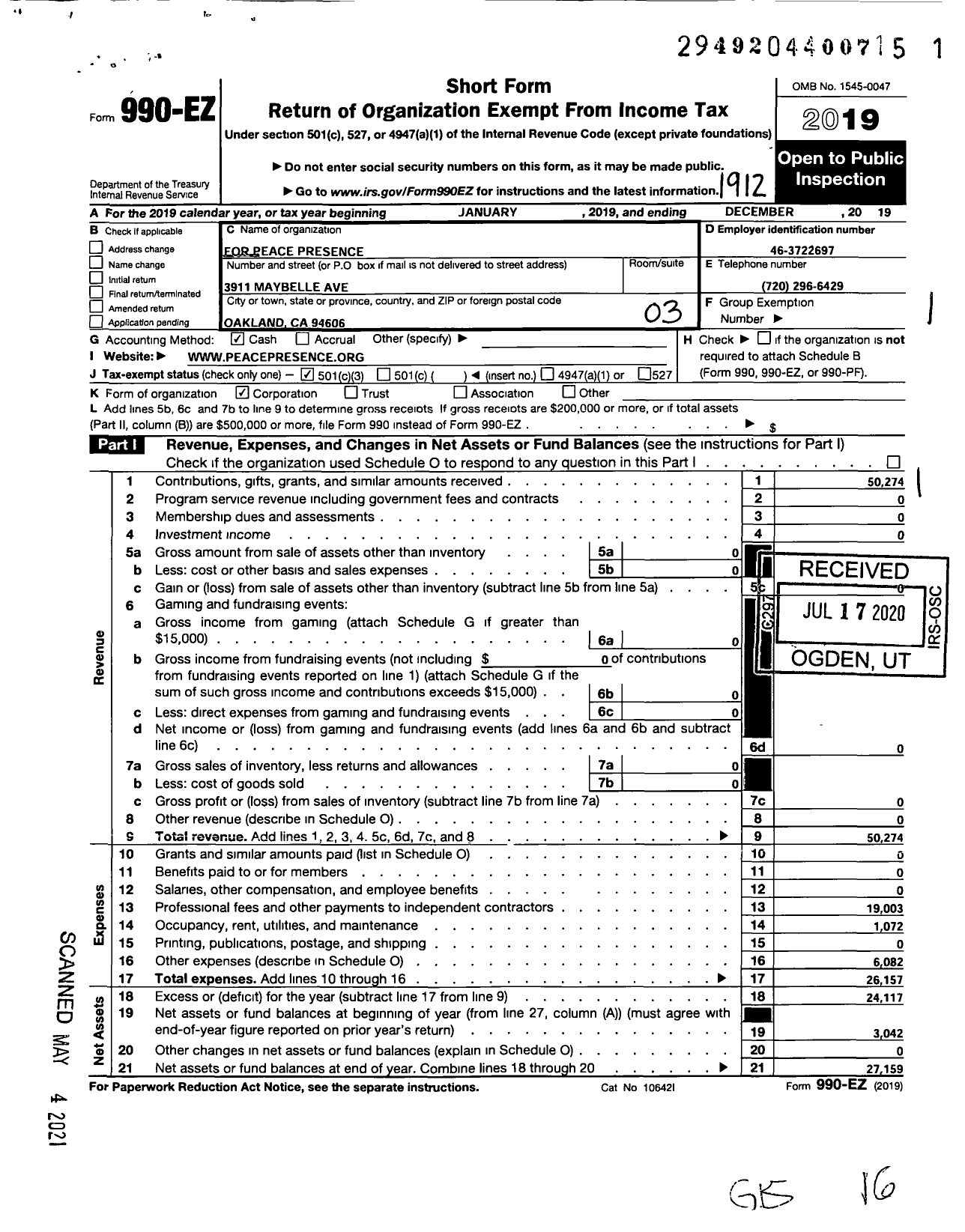 Image of first page of 2019 Form 990EZ for Fellowship of Reconciliation Peace Presence