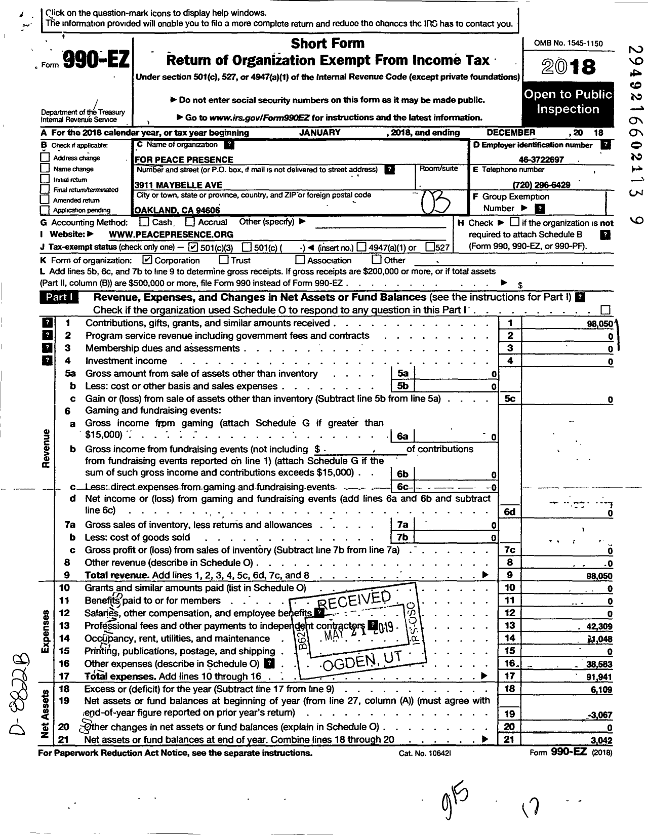 Image of first page of 2018 Form 990EZ for Fellowship of Reconciliation Peace Presence