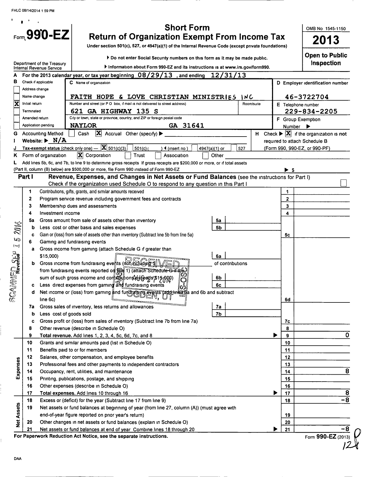 Image of first page of 2013 Form 990EZ for Faith Hope and Love Christian Ministr