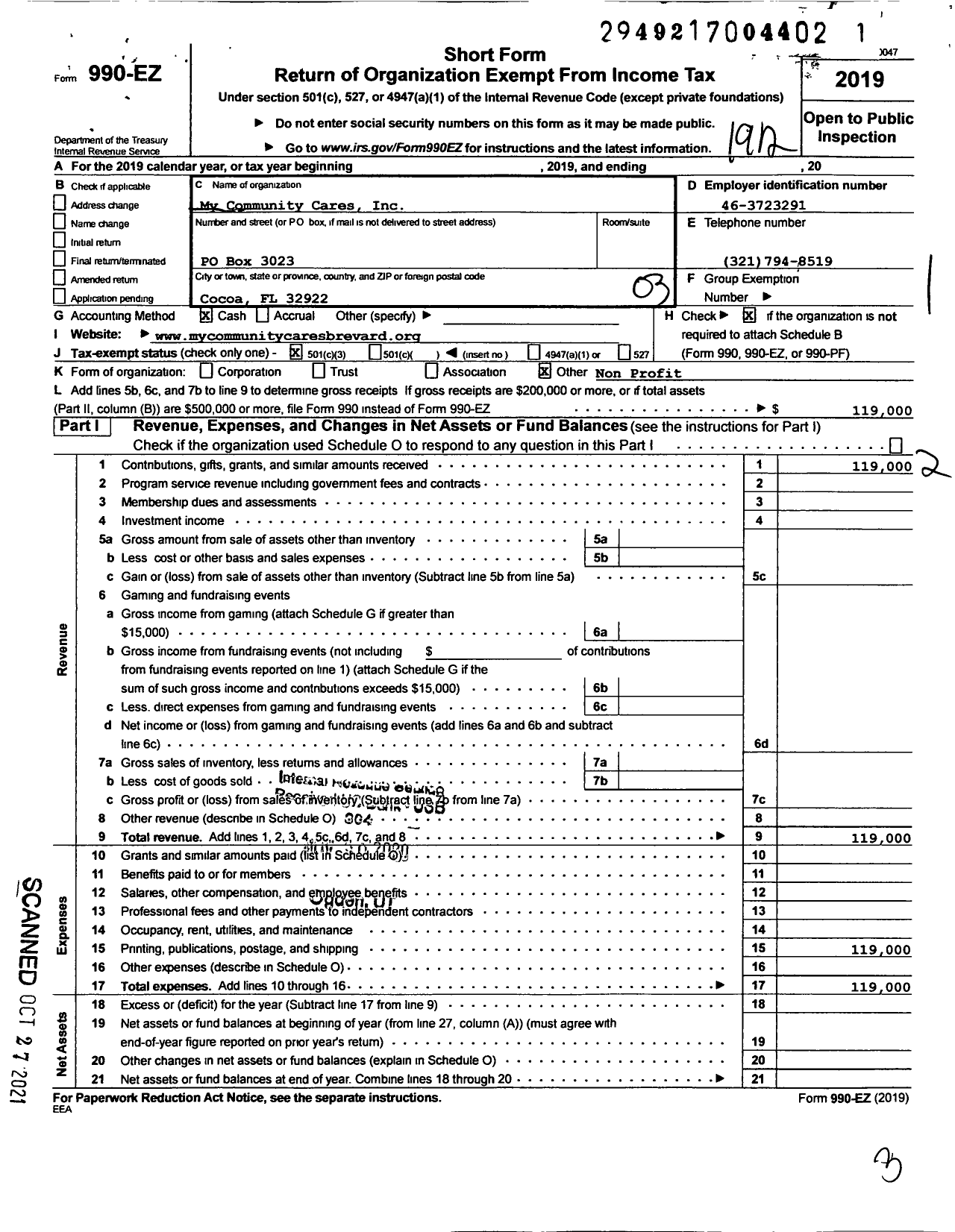 Image of first page of 2019 Form 990EZ for My Community Cares