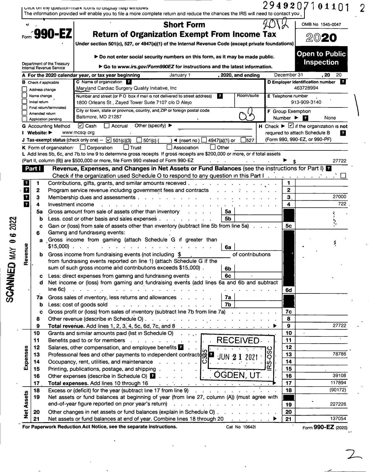 Image of first page of 2020 Form 990EZ for Maryland Cardiac Surgery Quality Initiative