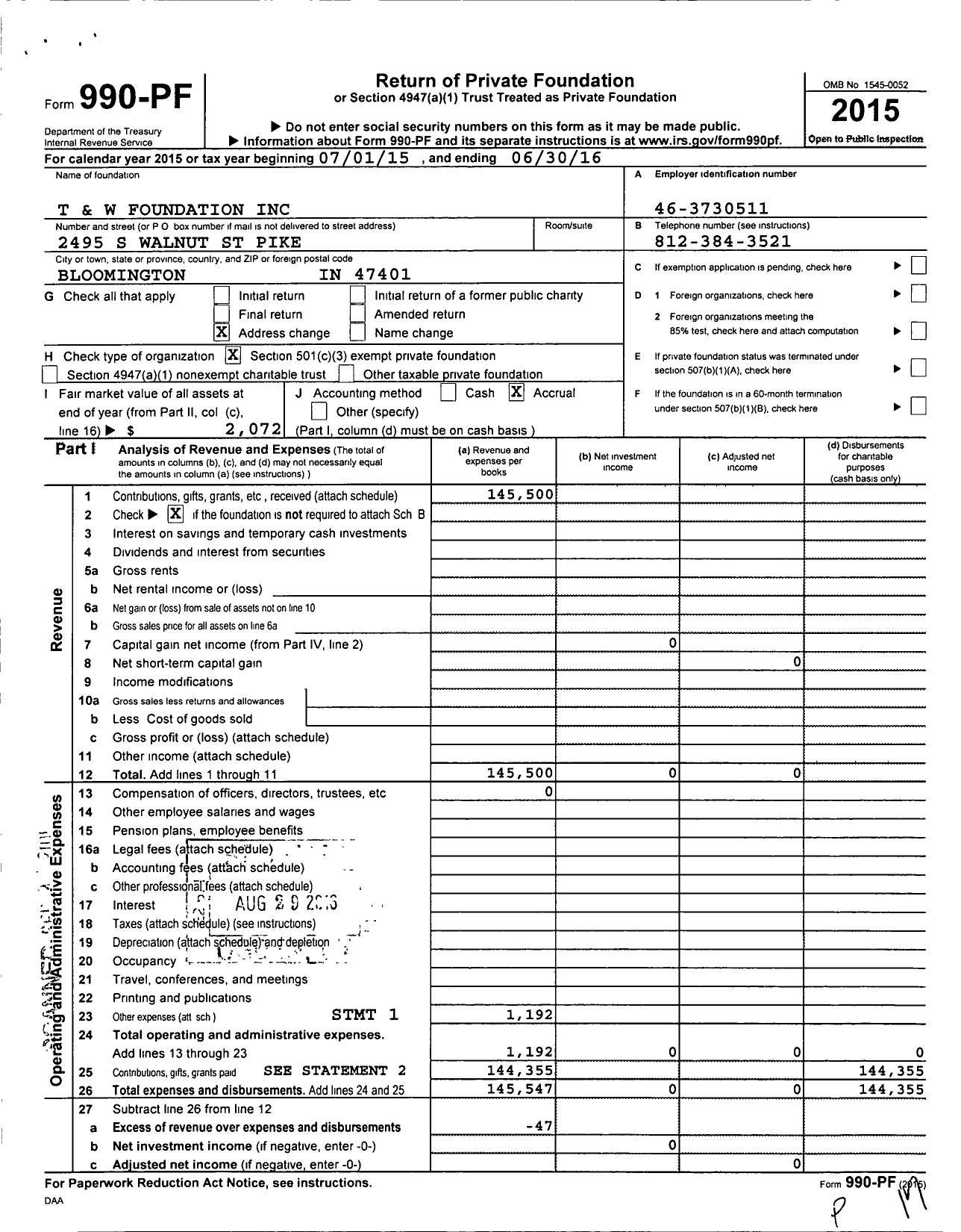 Image of first page of 2015 Form 990PF for T and W Foundation