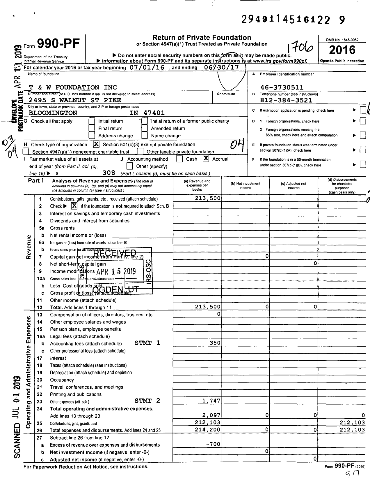 Image of first page of 2016 Form 990PF for TW and W Foundation