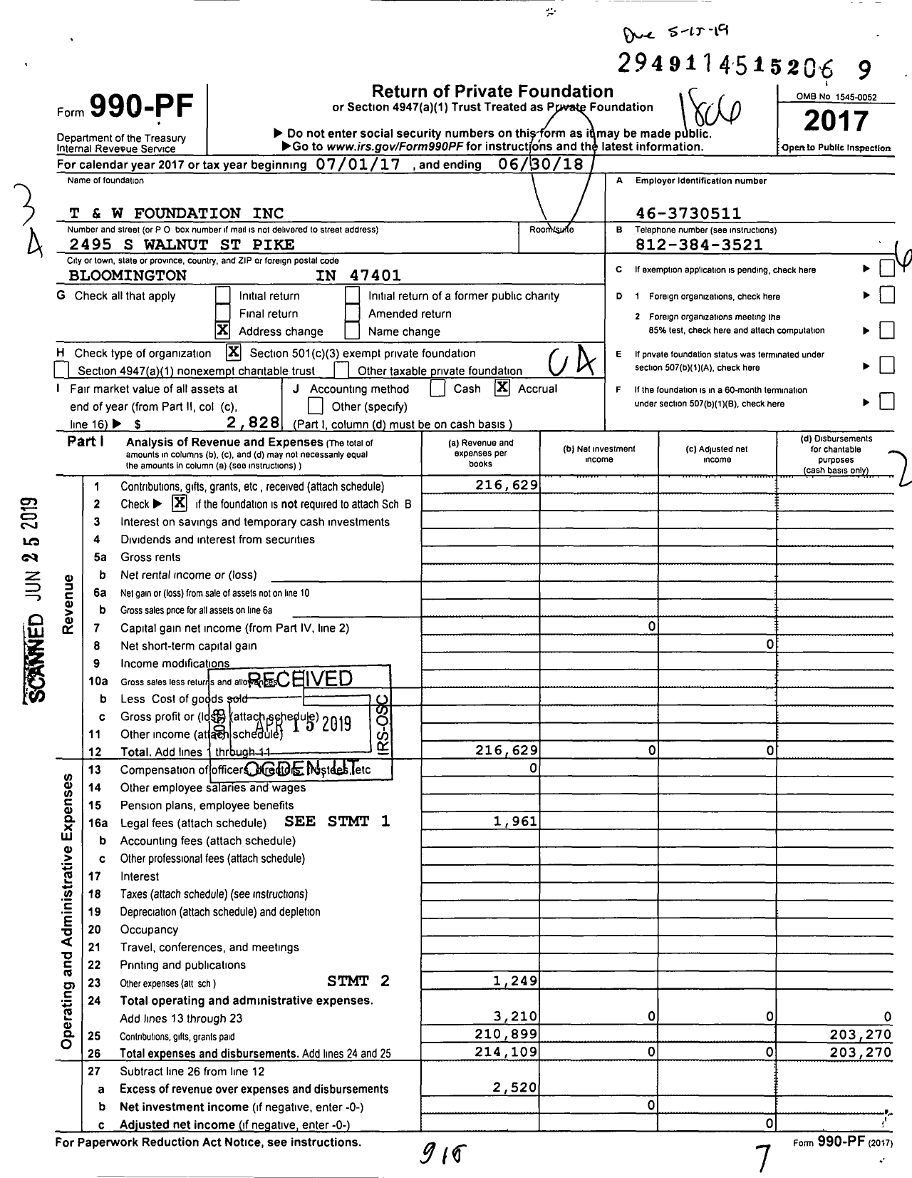 Image of first page of 2017 Form 990PF for TW and W Foundation