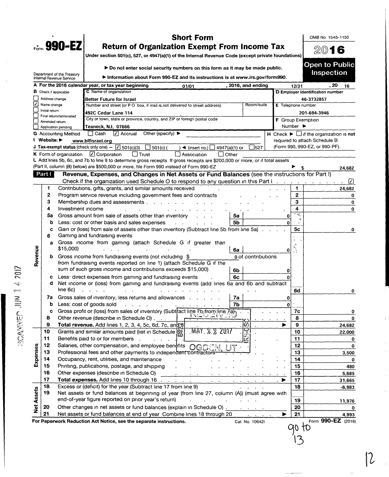 Image of first page of 2016 Form 990EZ for Better Future For Israel