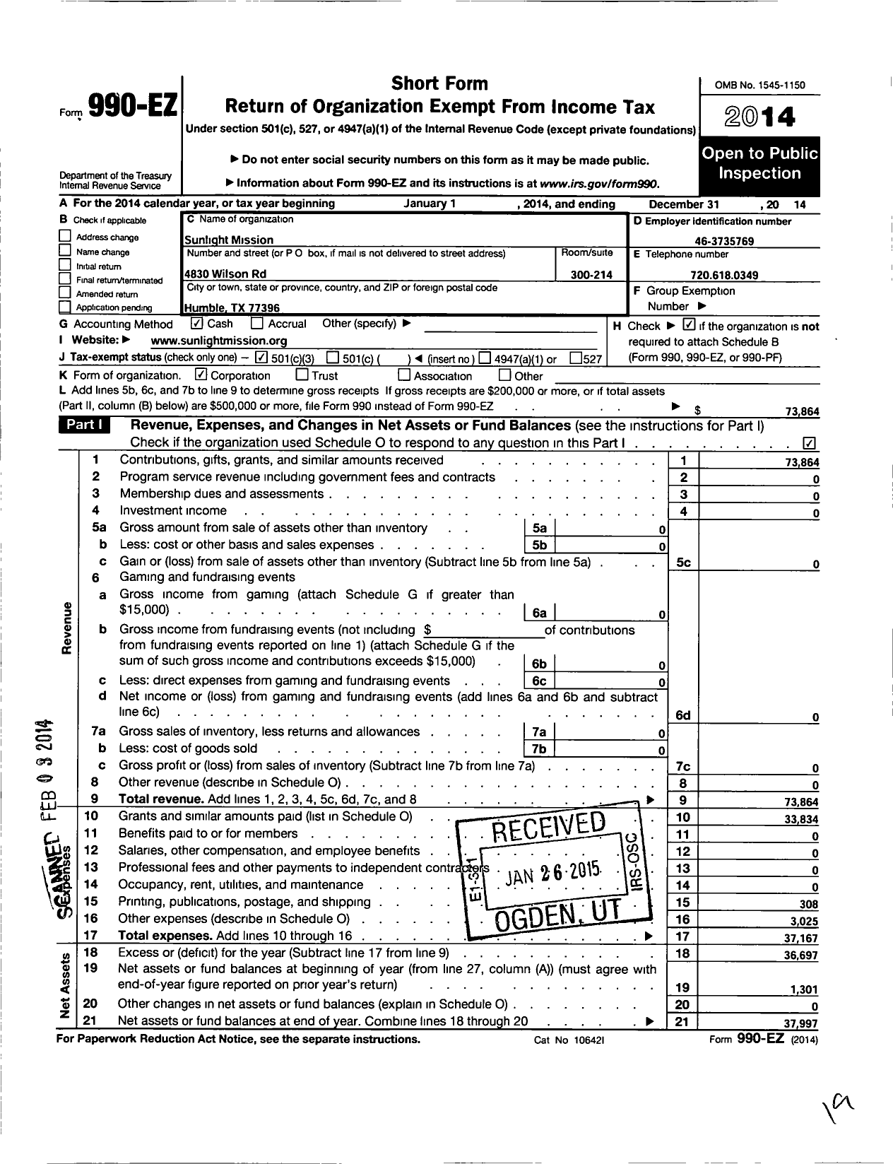 Image of first page of 2014 Form 990EZ for Sunlight Mission